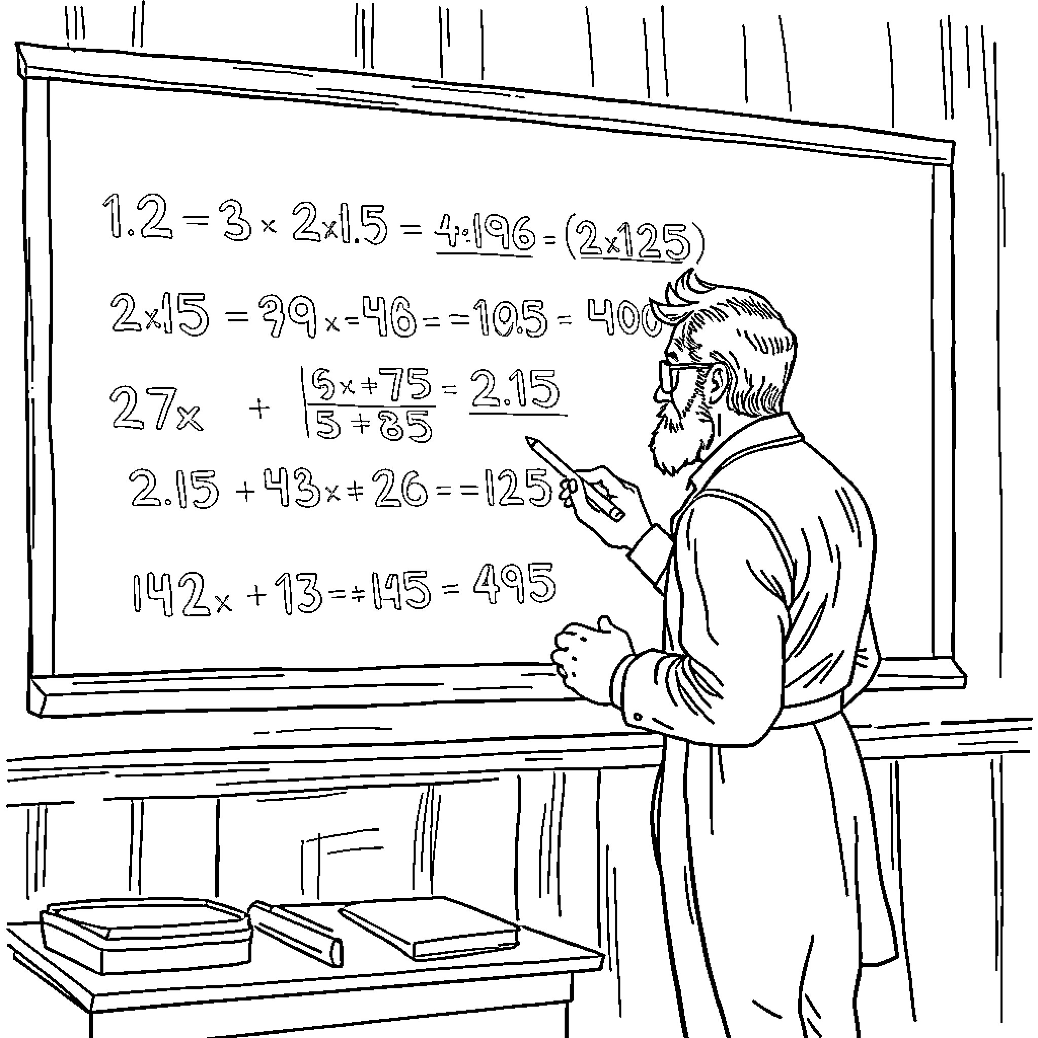 Teacher solving complex math equations on chalkboard Coloring Page (free black-and-white line drawing printable PDF for all, from beginners to advanced learners, including children, teens, adults, and seniors)