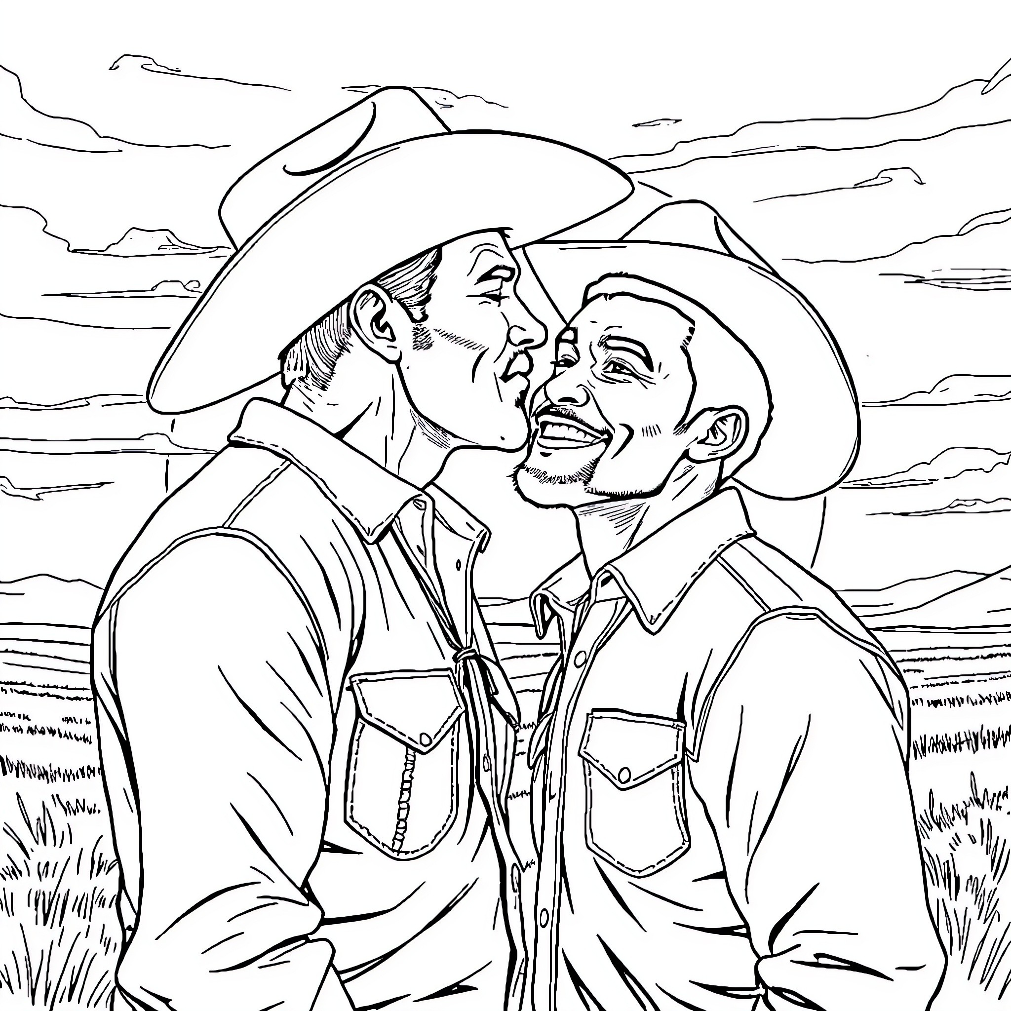 Cowboy friends sharing a laugh in the open plains Coloring Page (free black-and-white line drawing printable PDF for all, from beginners to advanced learners, including children, teens, adults, and seniors)