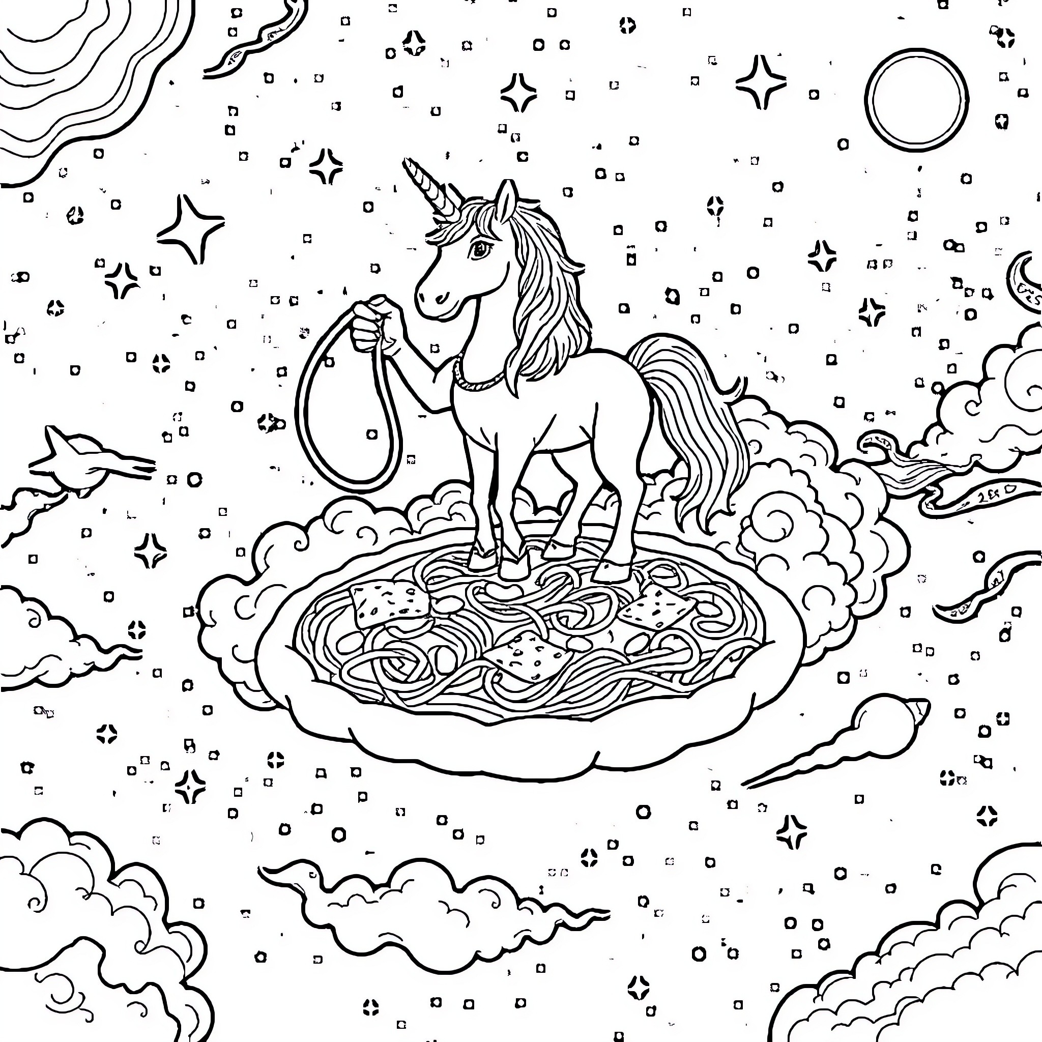 Cowboy Unicorn Riding on a Cloud with Stars Coloring Page (free black-and-white line drawing printable PDF for all, from beginners to advanced learners, including children, teens, adults, and seniors)