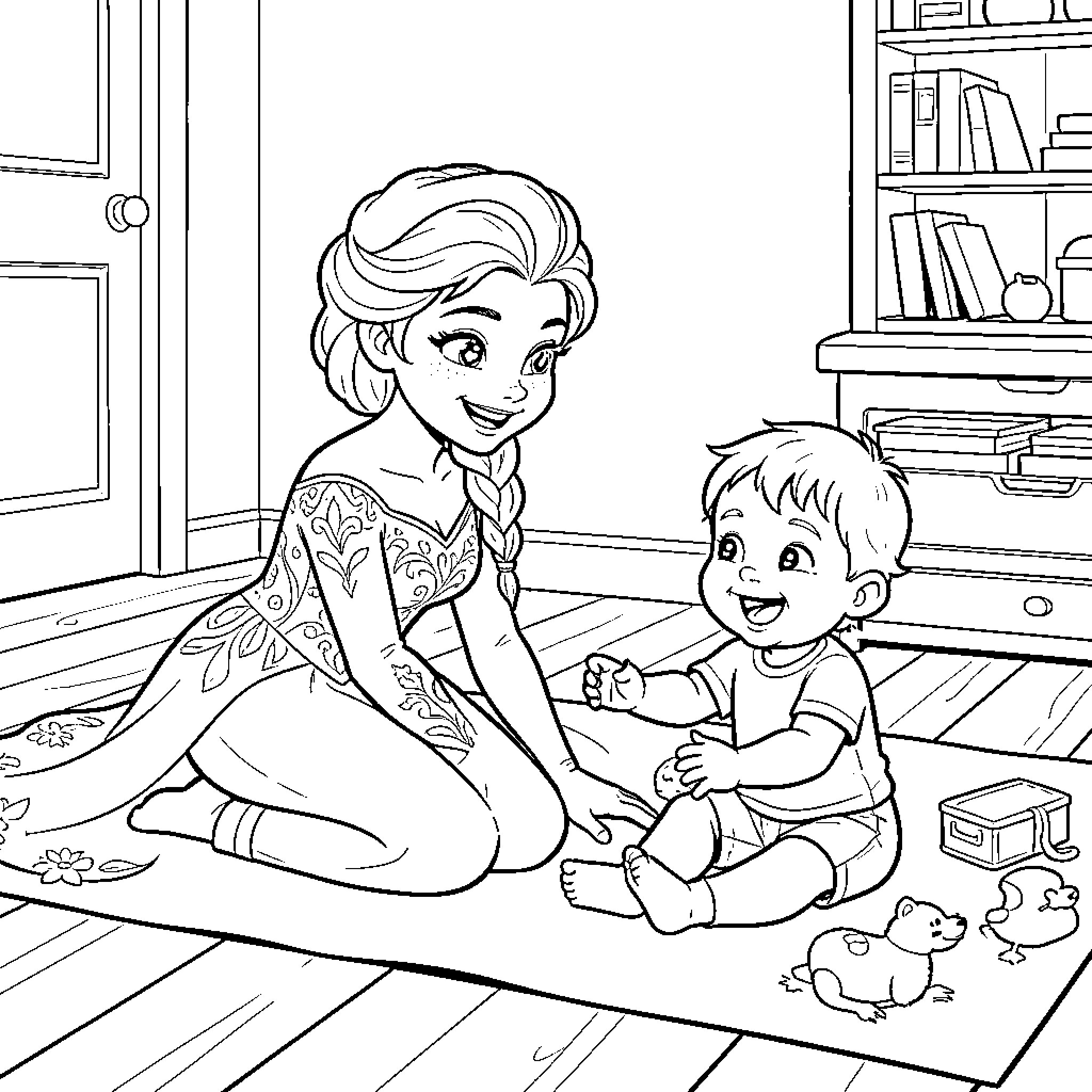 Elsa playing joyfully with a small child Coloring Page (free black-and-white line drawing printable PDF for all, from beginners to advanced learners, including children, teens, adults, and seniors)