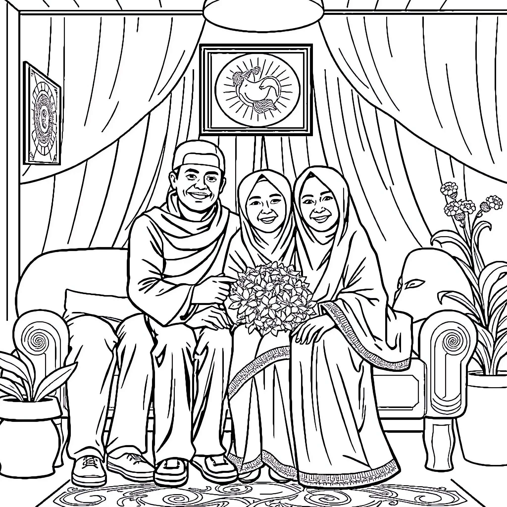 Family Enjoying Quality Time Together Coloring Page (free black-and-white line drawing printable PDF for all, from beginners to advanced learners, including children, teens, adults, and seniors)