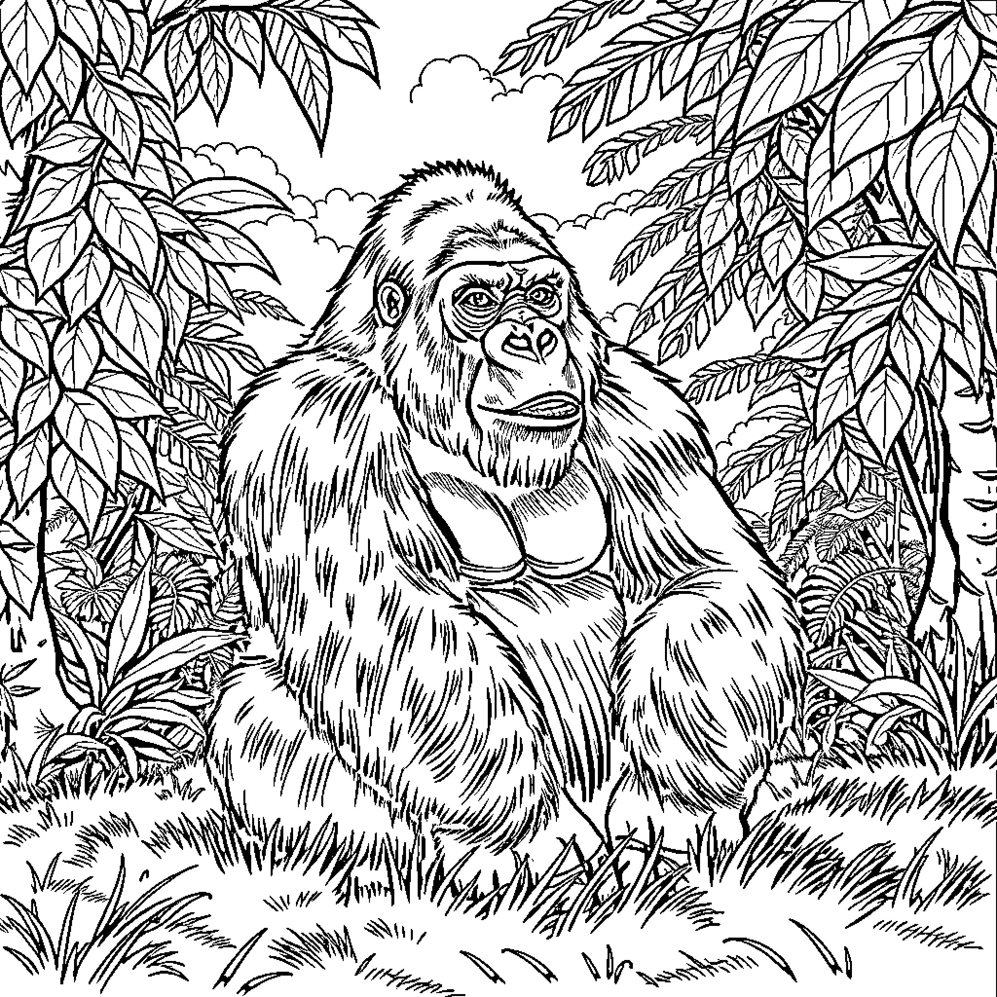 Gorilla in lush jungle with foliage Coloring Page (free black-and-white line drawing printable PDF for all, from beginners to advanced learners, including children, teens, adults, and seniors)