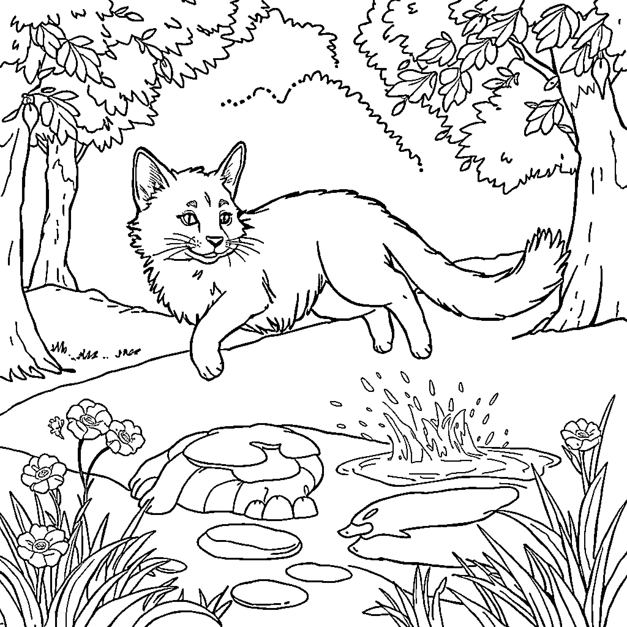 Dog exploring the enchanting forest Coloring Page (free black-and-white line drawing printable PDF for all, from beginners to advanced learners, including children, teens, adults, and seniors)
