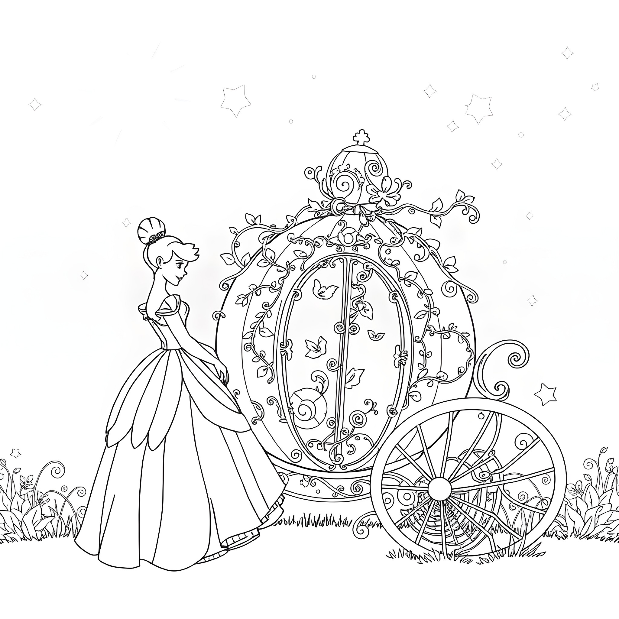 Cinderella's Enchanted Carriage and Gown Coloring Page (free black-and-white line drawing printable PDF for all, from beginners to advanced learners, including children, teens, adults, and seniors)