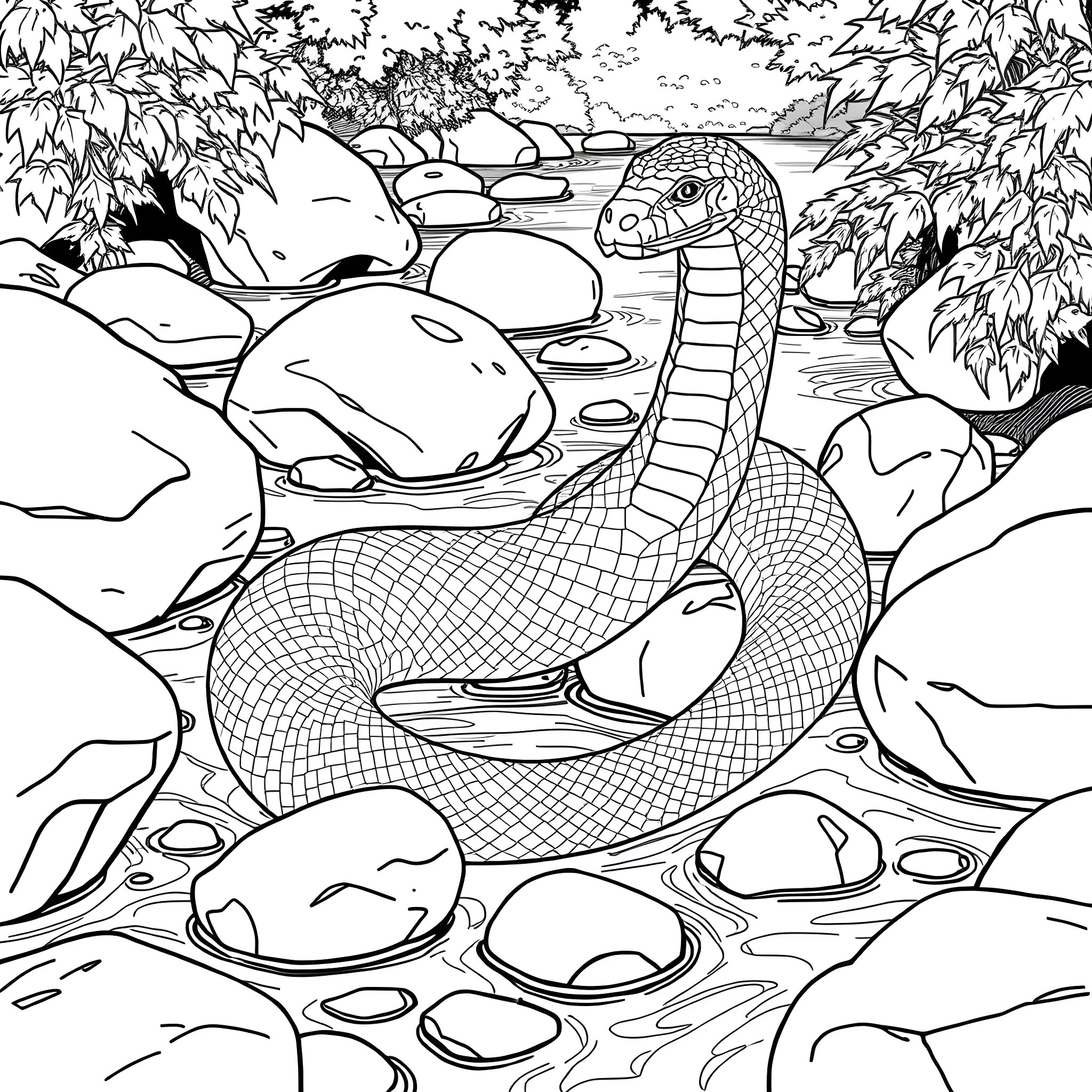Snake coiled on rocks in natural scene Coloring Page (free black-and-white line drawing printable PDF for all, from beginners to advanced learners, including children, teens, adults, and seniors)