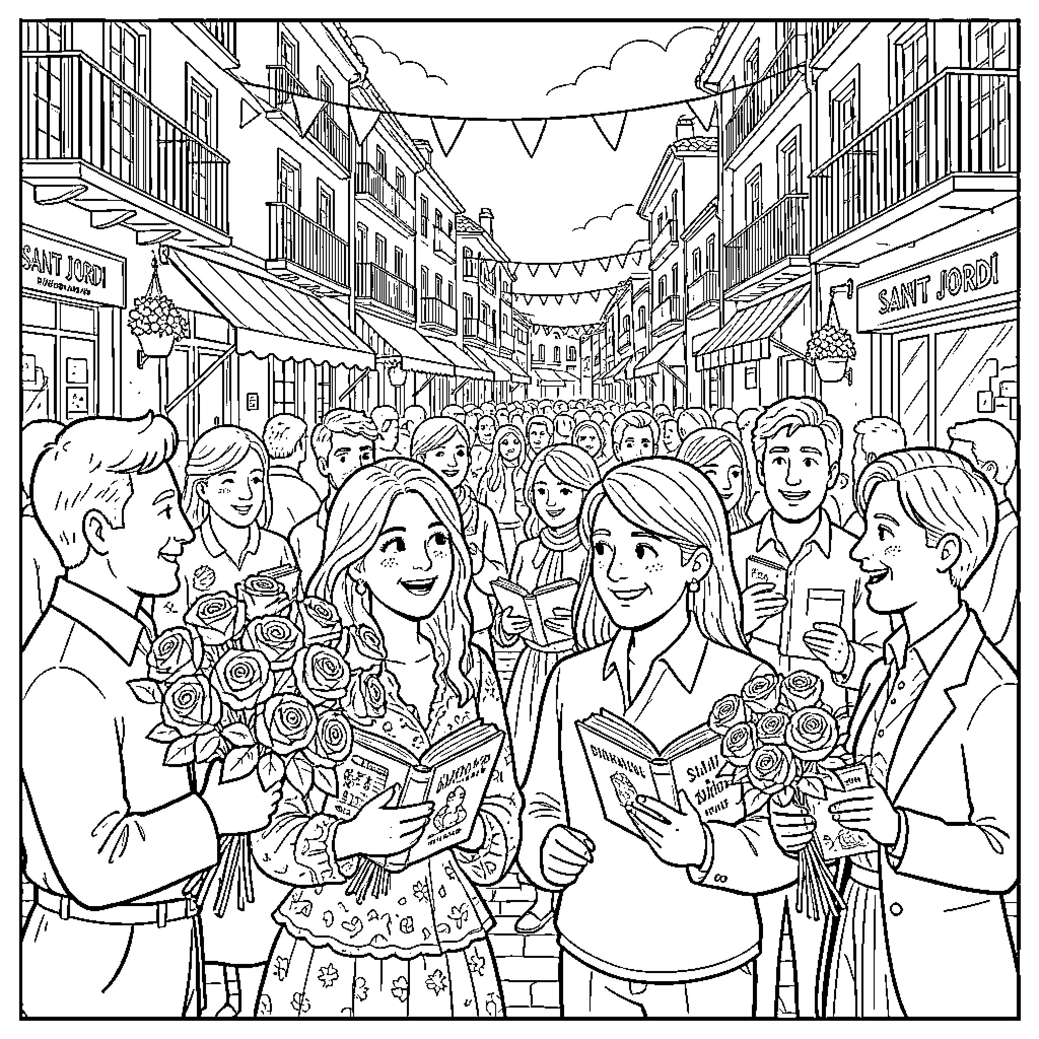 Sant Jordi celebration with people, flowers, and books Coloring Page (free black-and-white line drawing printable PDF for all, from beginners to advanced learners, including children, teens, adults, and seniors)