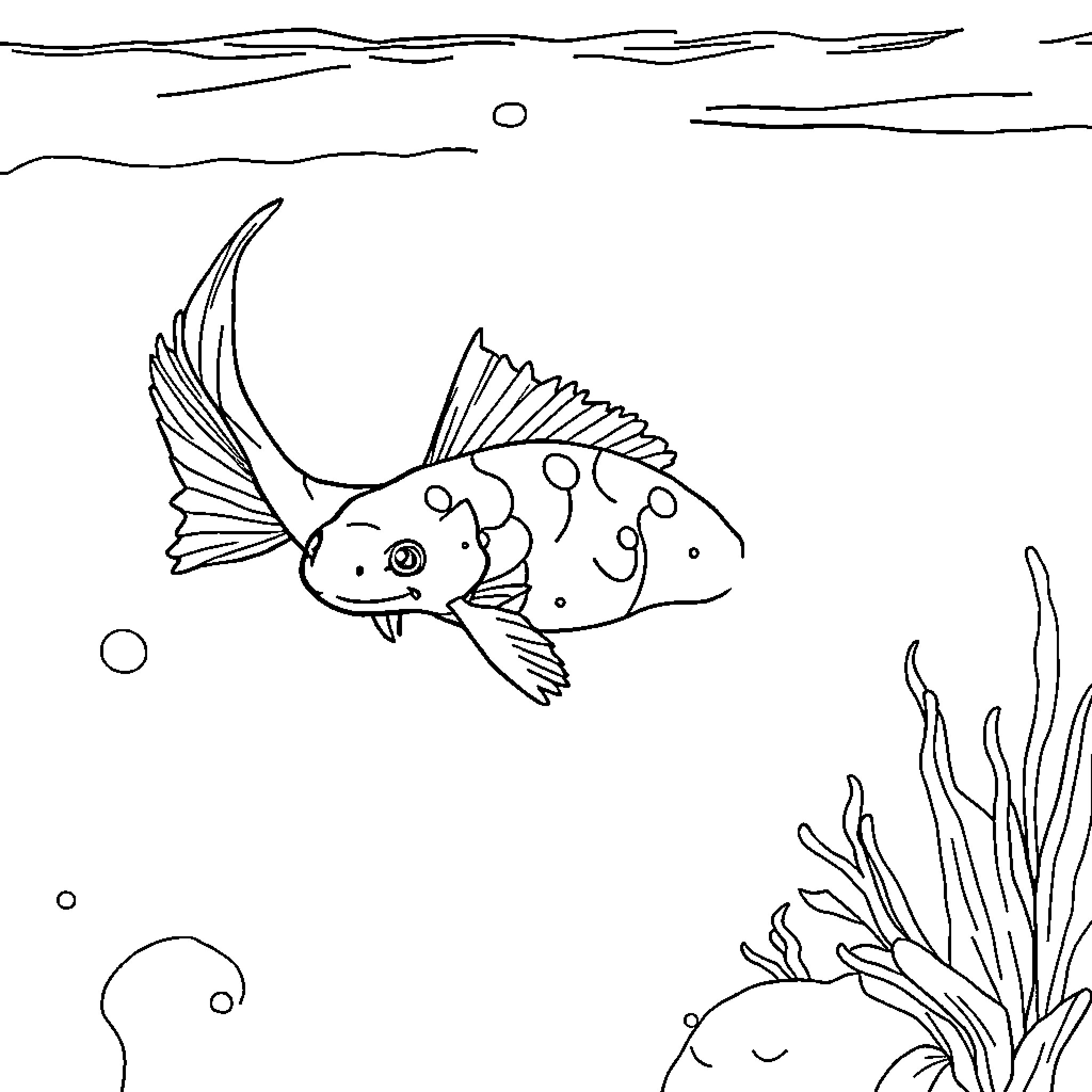 Axolotl exploring the underwater scene Coloring Page (free black-and-white line drawing printable PDF for all, from beginners to advanced learners, including children, teens, adults, and seniors)