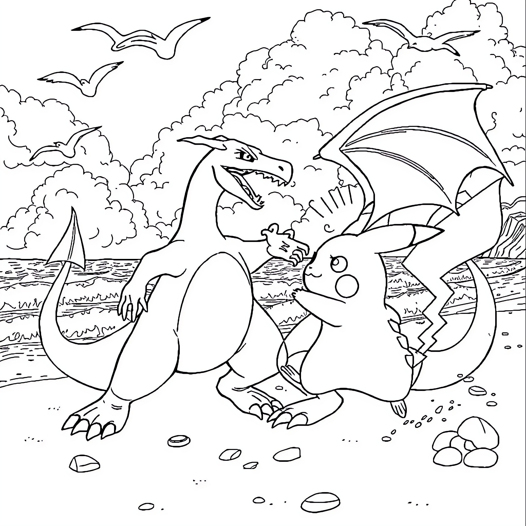 Charizard and Pikachu playing together on the beach Coloring Page (free black-and-white line drawing printable PDF for all, from beginners to advanced learners, including children, teens, adults, and seniors)