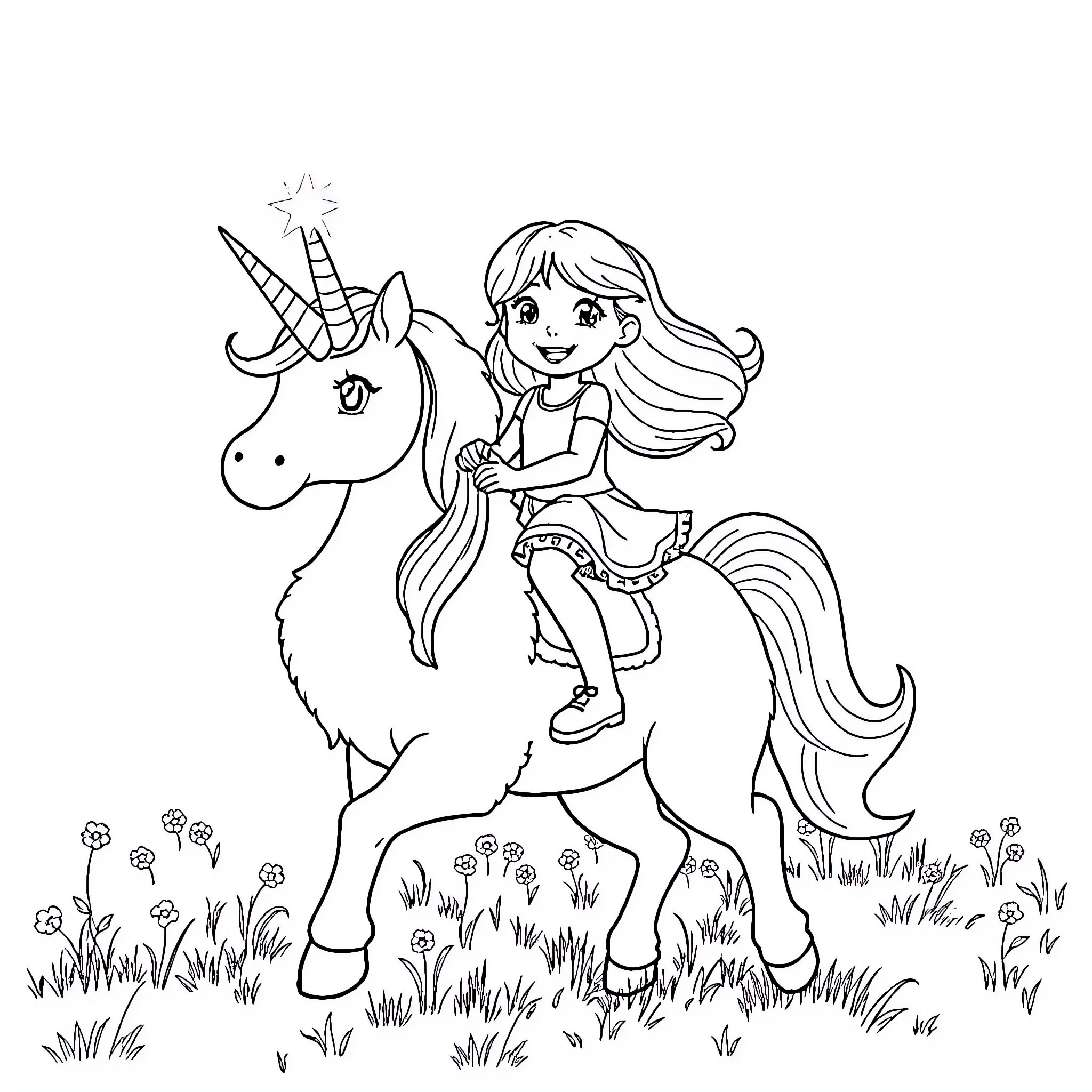 Girl riding magical unicorn in enchanted meadow Coloring Page (free black-and-white line drawing printable PDF for all, from beginners to advanced learners, including children, teens, adults, and seniors)