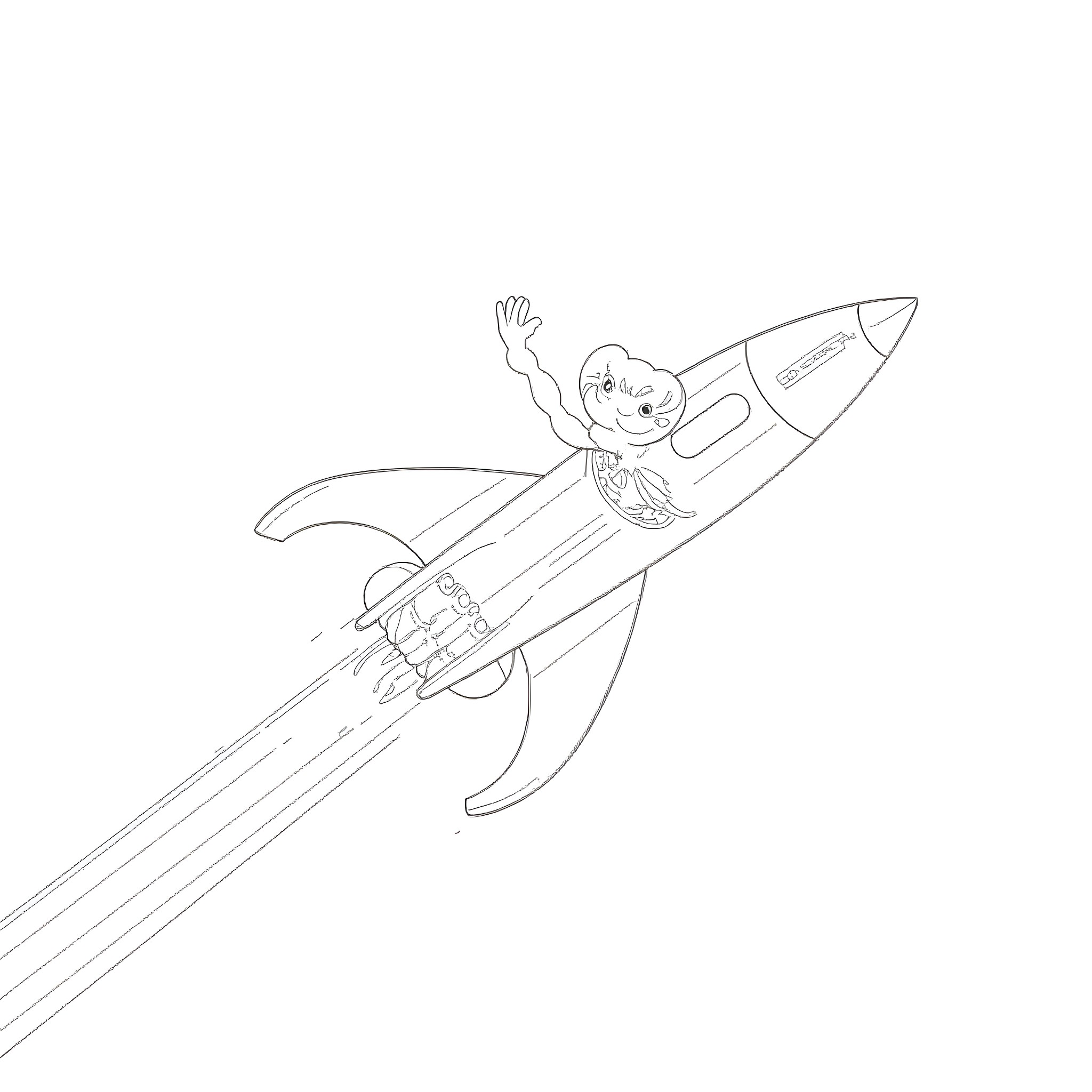Imp riding a rocket ship through the sky Coloring Page (free black-and-white line drawing printable PDF for all, from beginners to advanced learners, including children, teens, adults, and seniors)