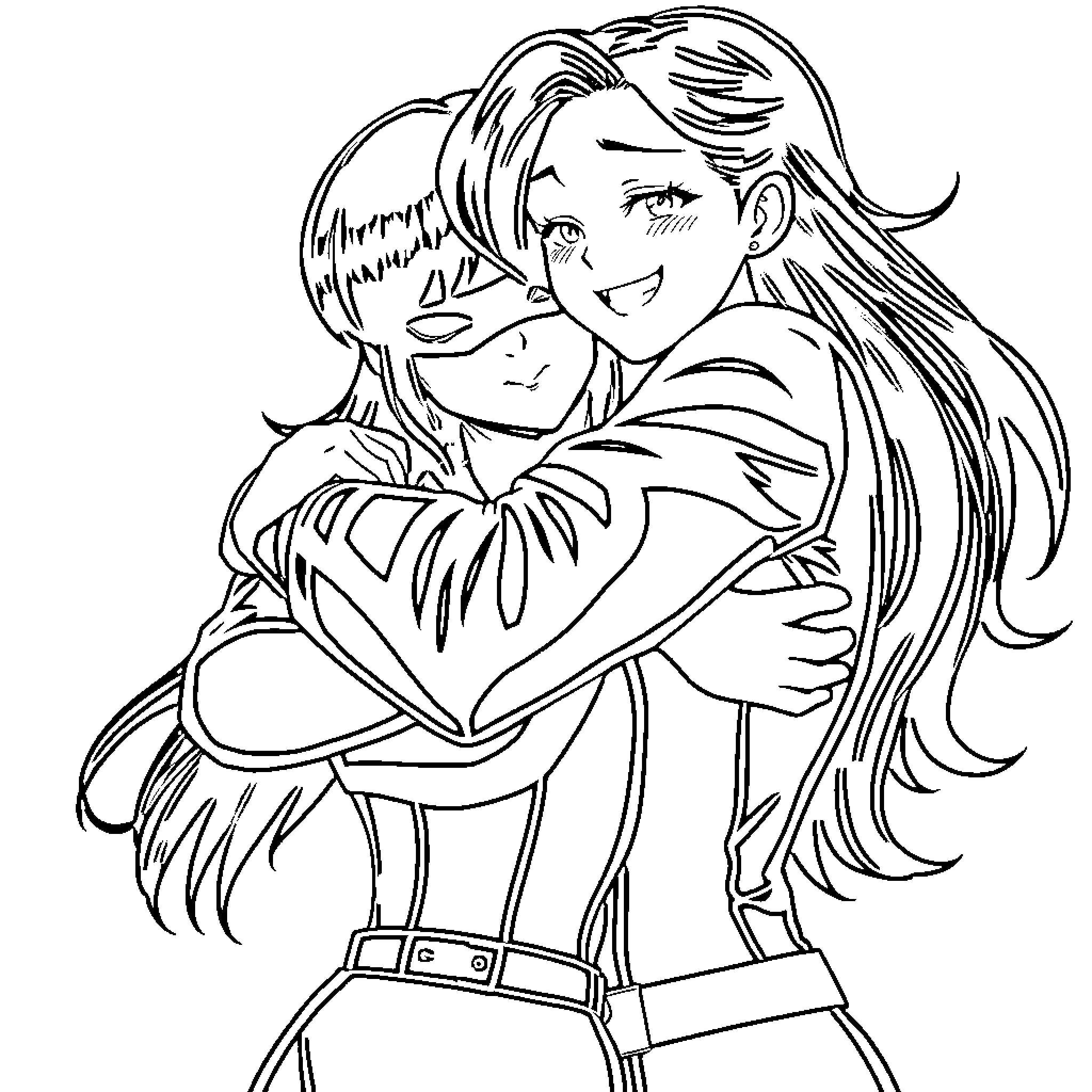 Momo Ayase comforting a friend in a tender embrace Coloring Page (free black-and-white line drawing printable PDF for all, from beginners to advanced learners, including children, teens, adults, and seniors)