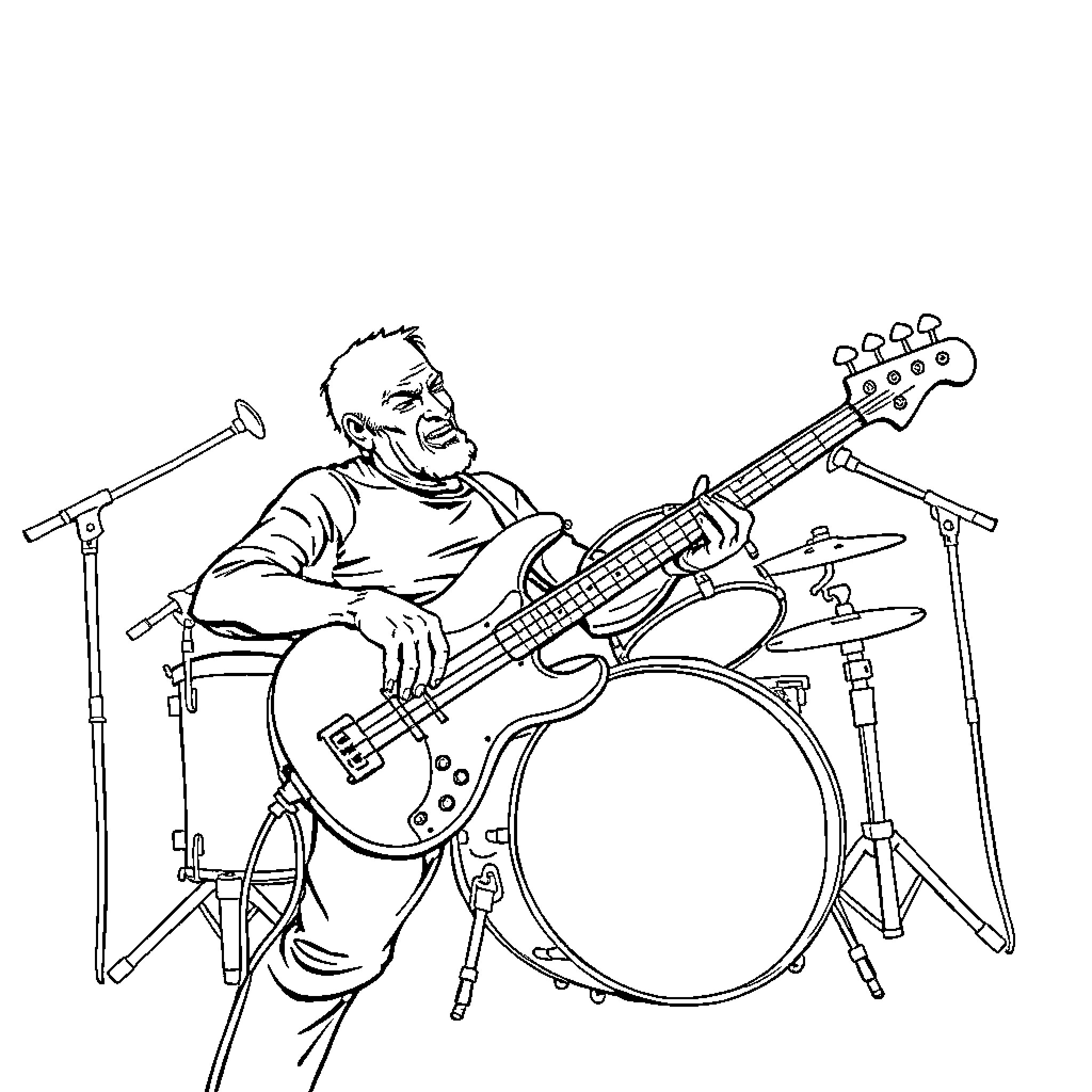 Bass Guitar Player Performing on Stage Coloring Page (free black-and-white line drawing printable PDF for all, from beginners to advanced learners, including children, teens, adults, and seniors)