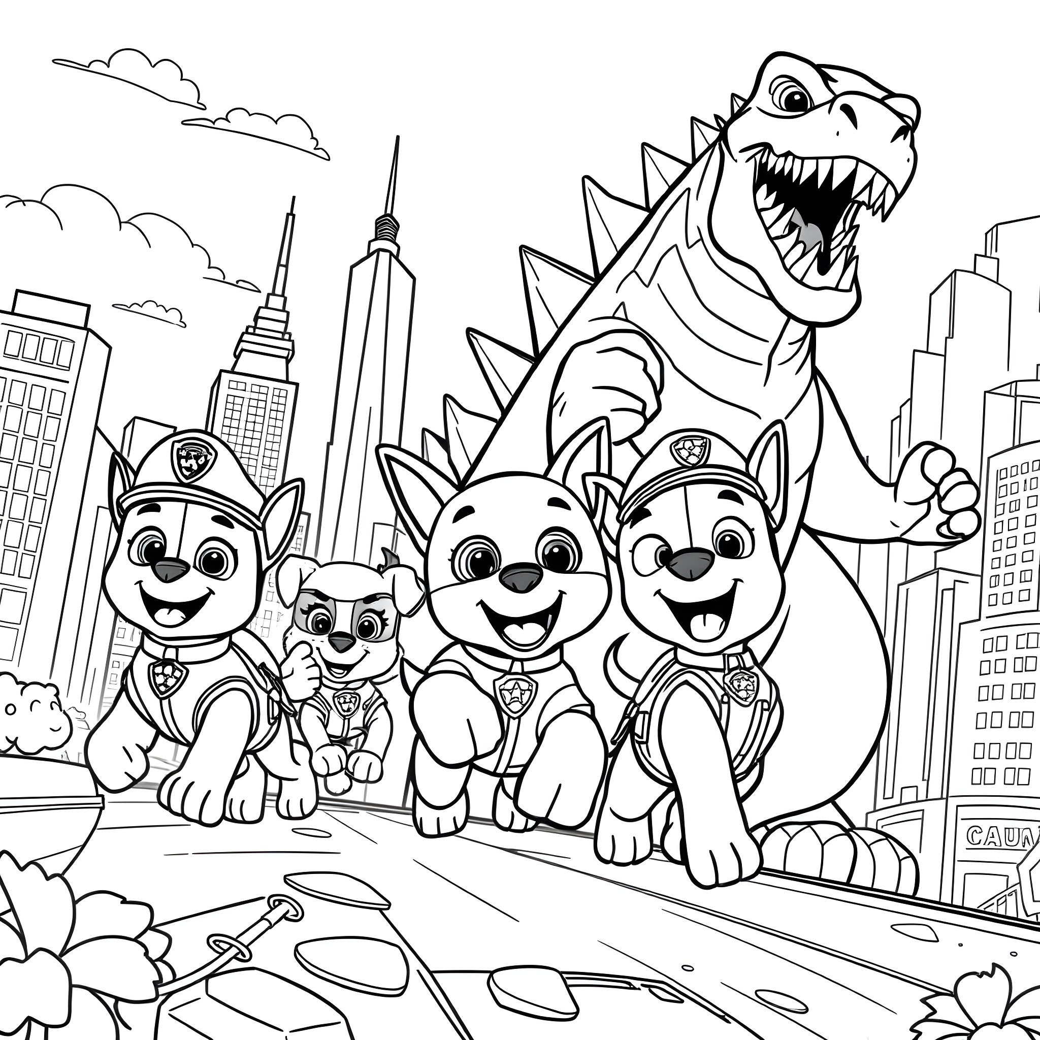 Paw Patrol Pups and T-Rex Exploring the City Coloring Page (free black-and-white line drawing printable PDF for all, from beginners to advanced learners, including children, teens, adults, and seniors)