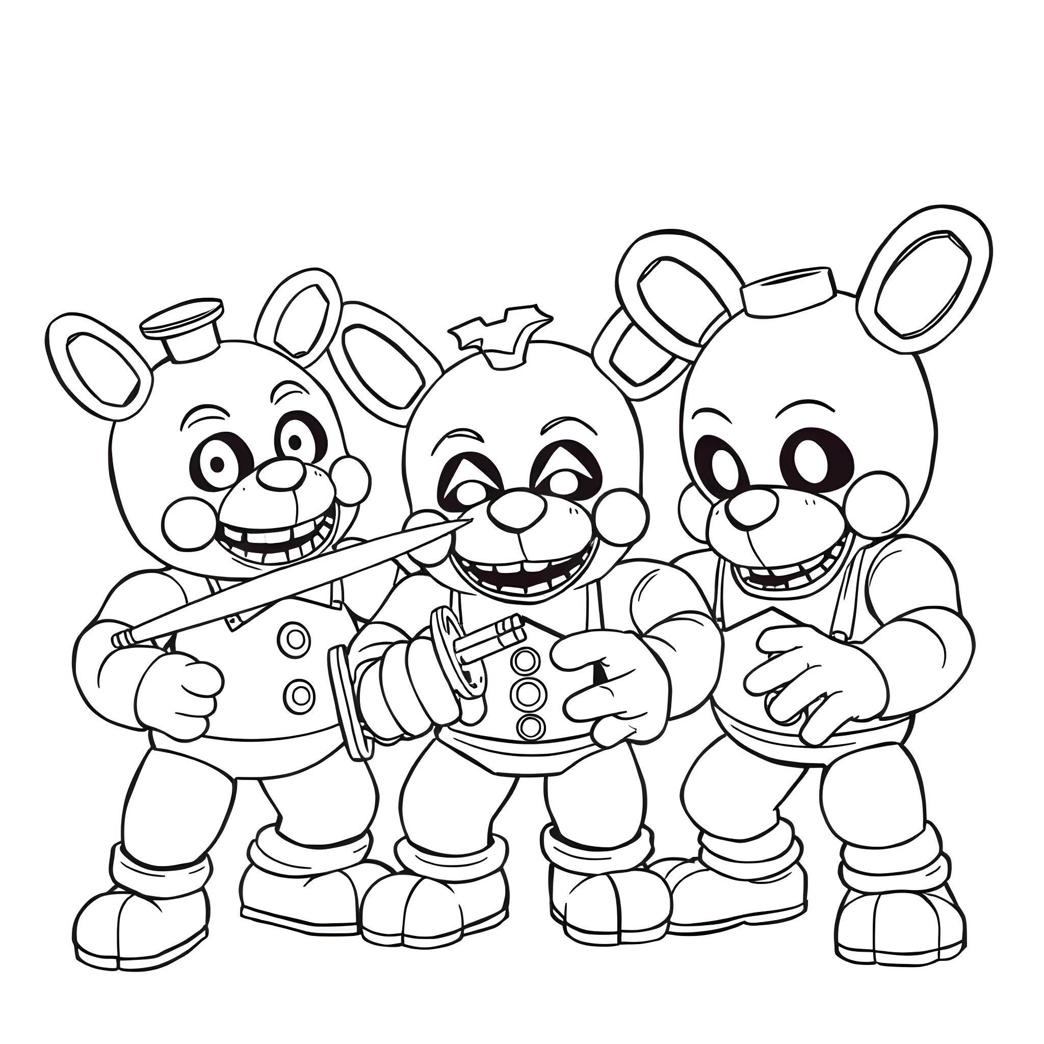 Killer Klown Crew Goofing Around Coloring Page (free black-and-white line drawing printable PDF for all, from beginners to advanced learners, including children, teens, adults, and seniors)