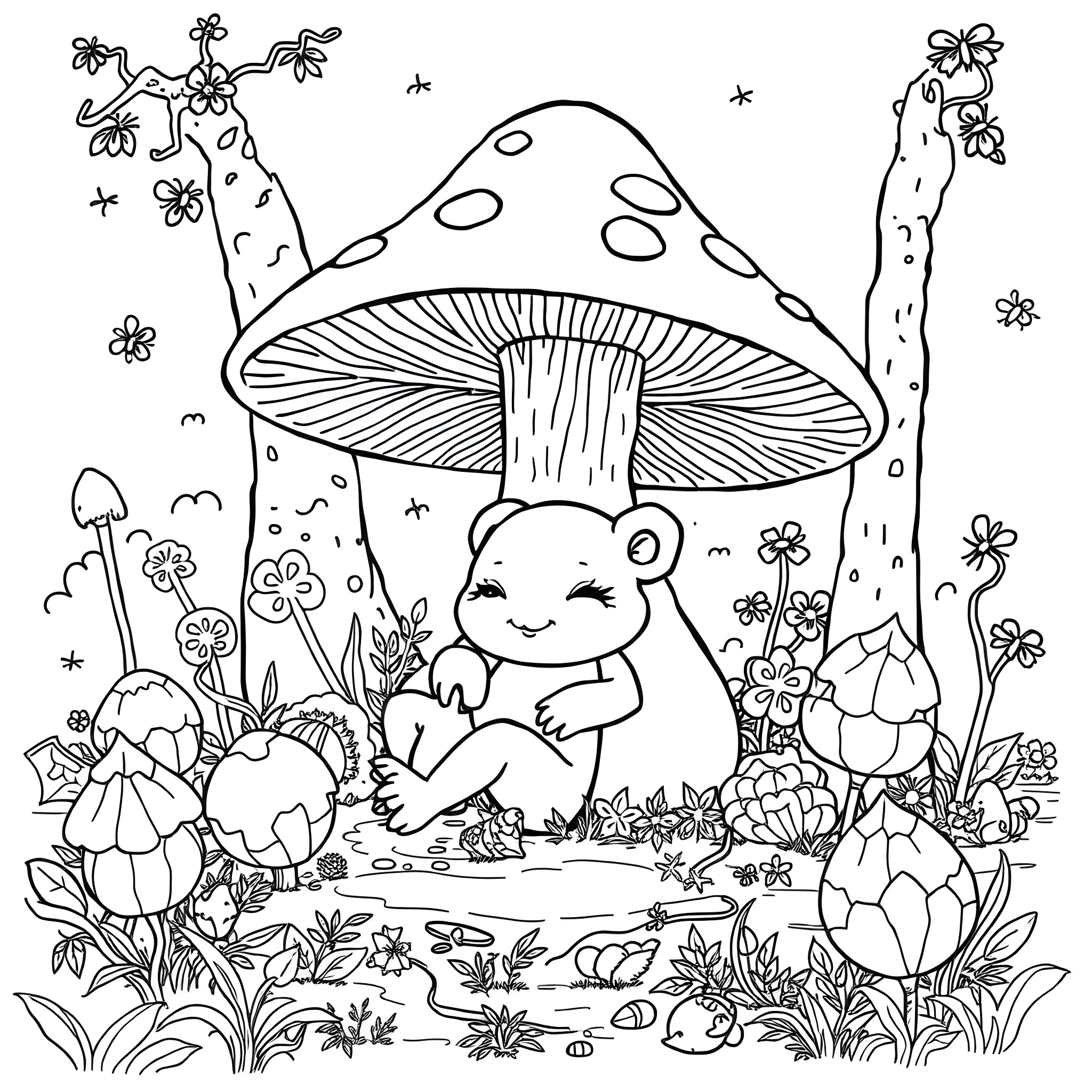Labubu's Whimsical Woodland Adventure Coloring Page (free black-and-white line drawing printable PDF for all, from beginners to advanced learners, including children, teens, adults, and seniors)