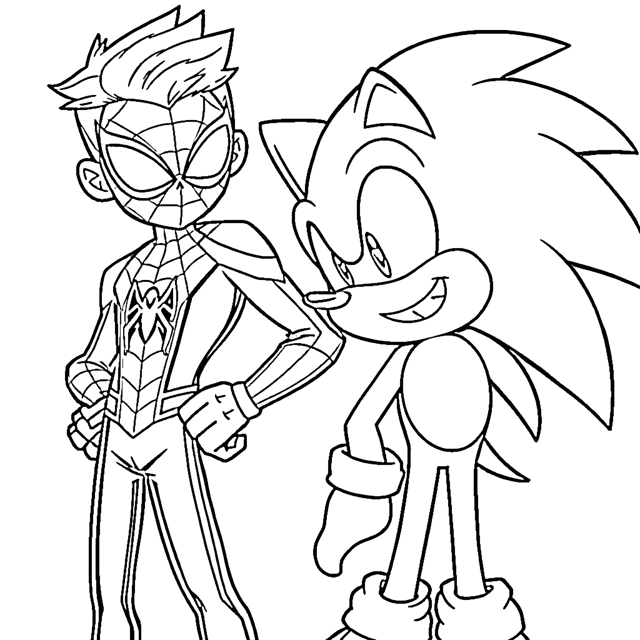 Miles Morales and Sonic the Hedgehog in an animated scene Coloring Page (free black-and-white line drawing printable PDF for all, from beginners to advanced learners, including children, teens, adults, and seniors)
