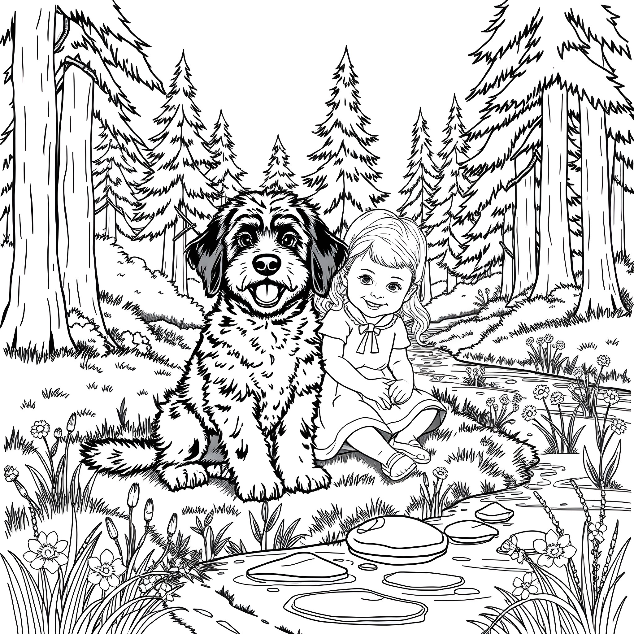 Bernedoodle and a girl exploring the forest Coloring Page (free black-and-white line drawing printable PDF for all, from beginners to advanced learners, including children, teens, adults, and seniors)