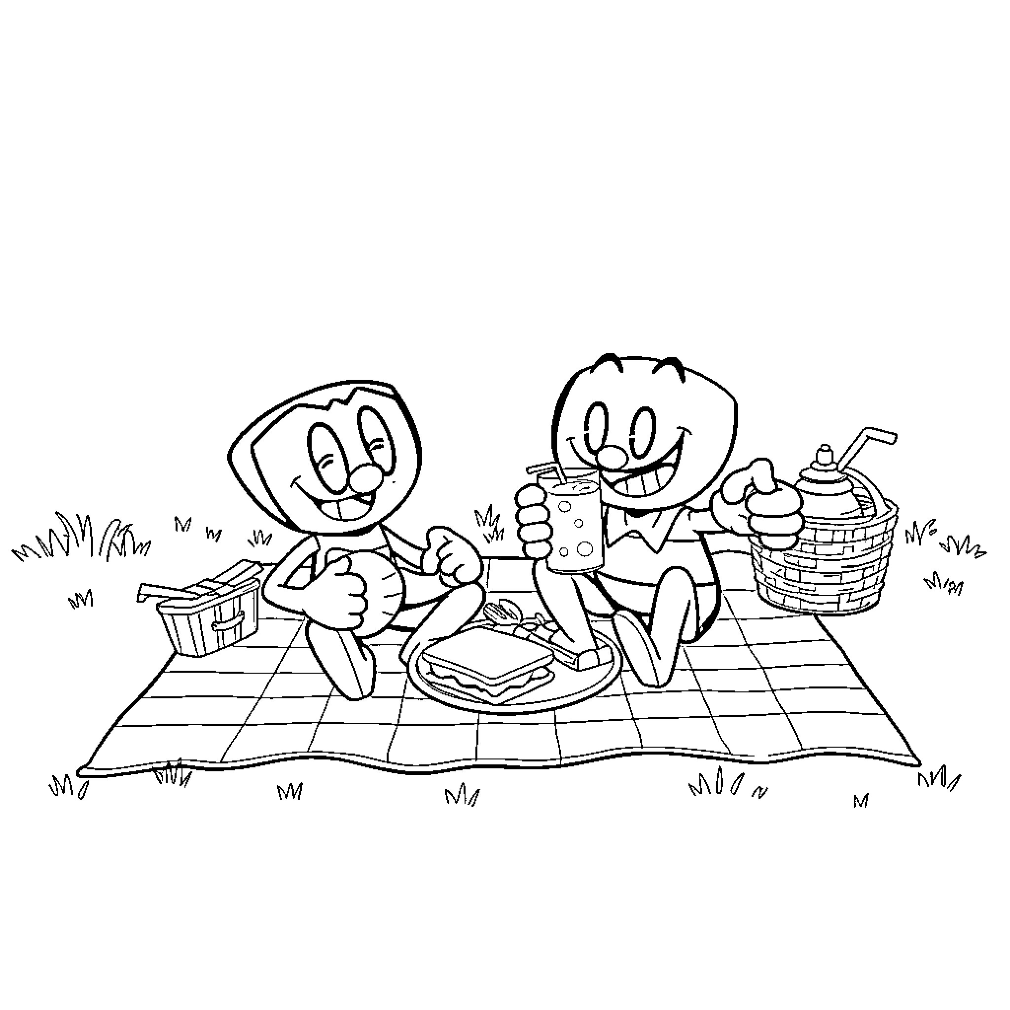 Cuphead Characters Enjoying a Picnic Coloring Page (free black-and-white line drawing printable PDF for all, from beginners to advanced learners, including children, teens, adults, and seniors)