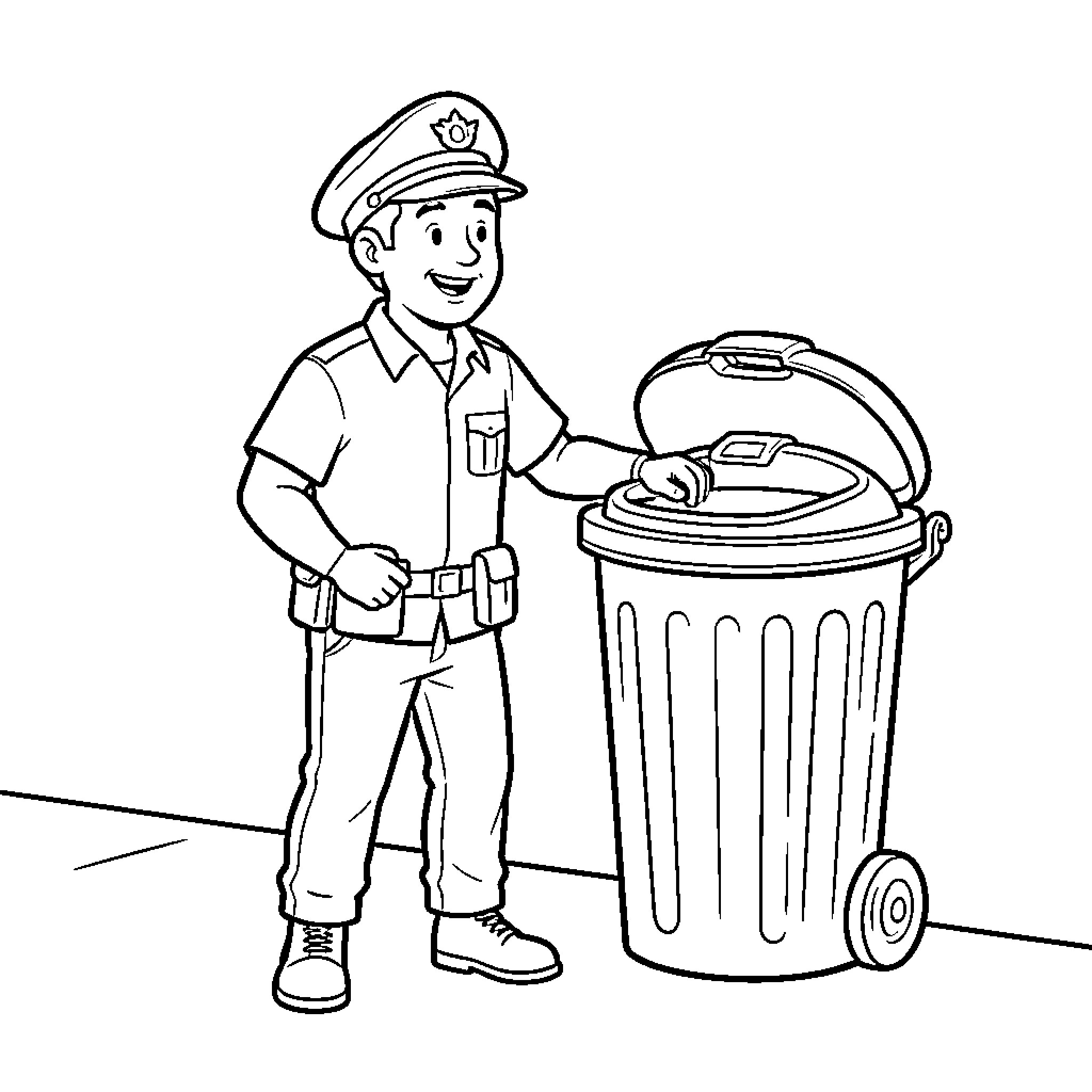 Ruben the Trash Collector Emptying the Bin Coloring Page (free black-and-white line drawing printable PDF for all, from beginners to advanced learners, including children, teens, adults, and seniors)