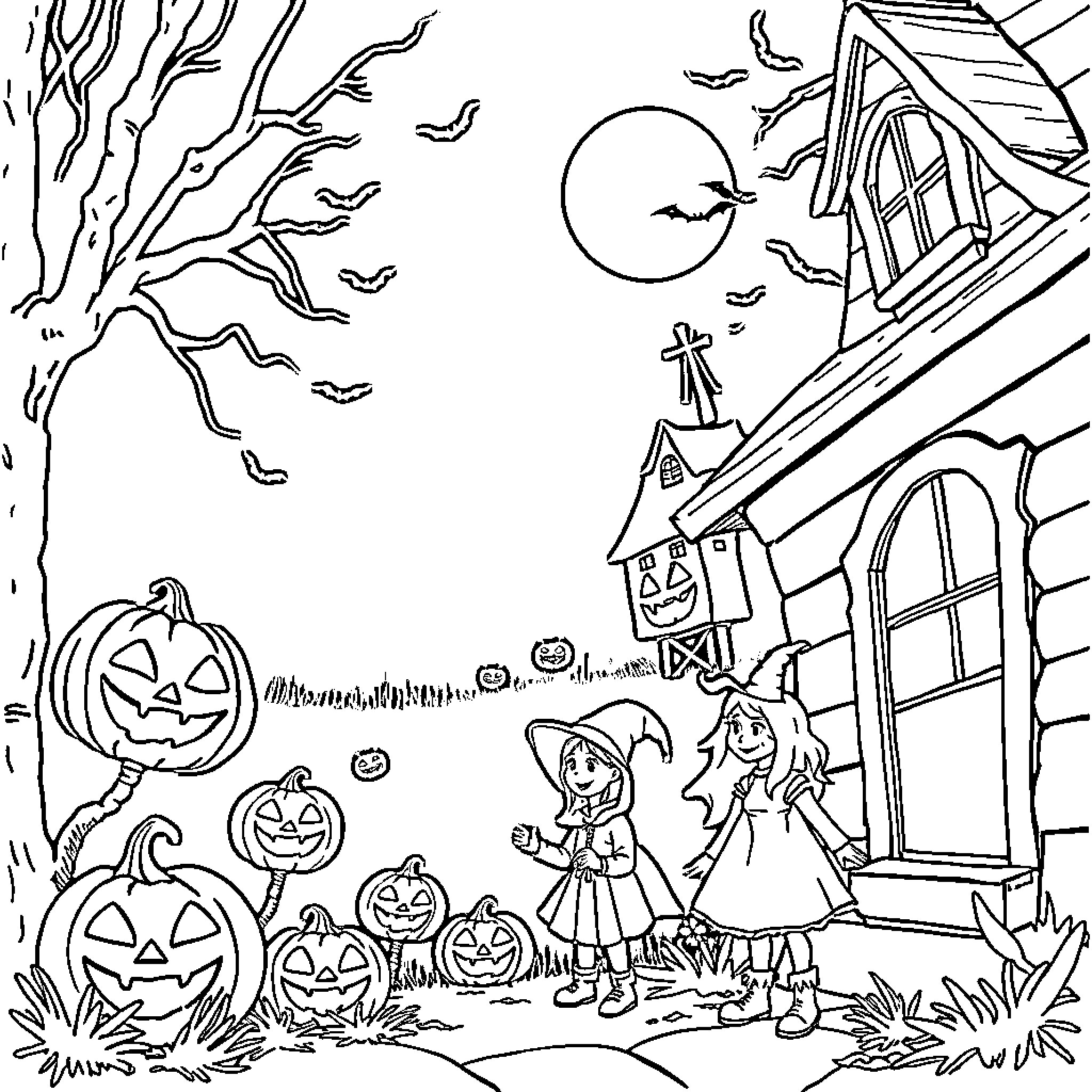 Halloween night with trick-or-treaters and jack-o-lanterns Coloring Page (free black-and-white line drawing printable PDF for all, from beginners to advanced learners, including children, teens, adults, and seniors)