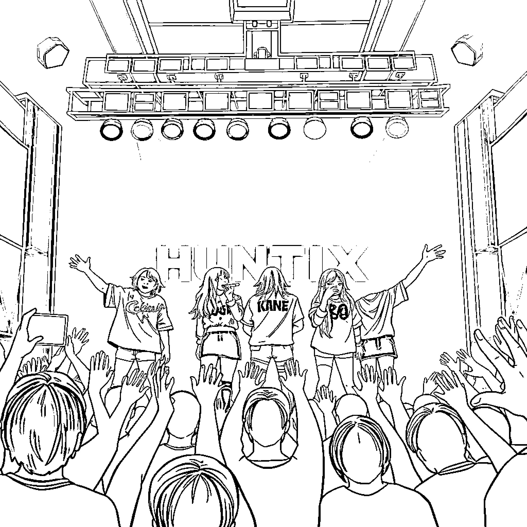 Huntrix: Energetic Music Performance on Stage Coloring Page (free black-and-white line drawing printable PDF for all, from beginners to advanced learners, including children, teens, adults, and seniors)