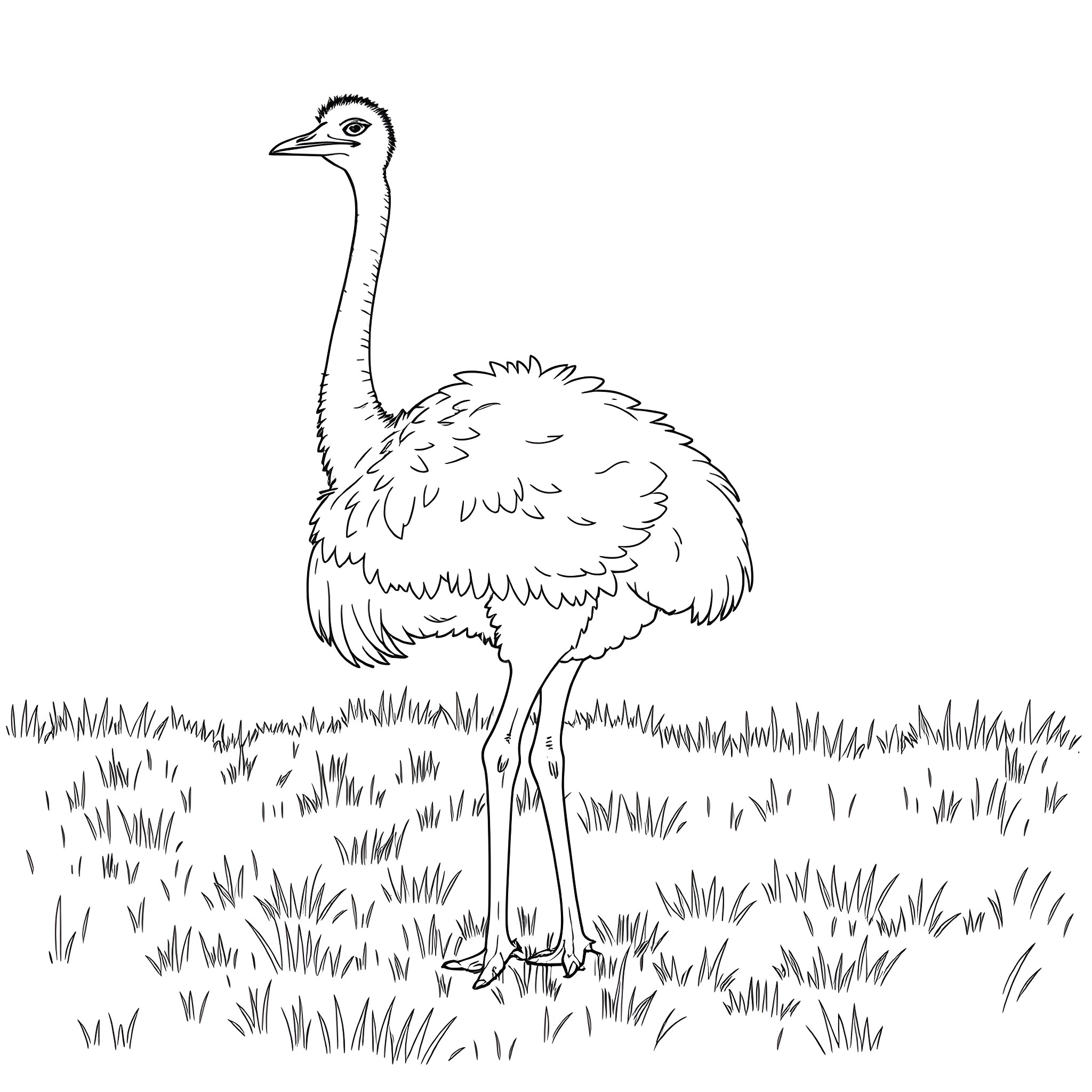 Ostrich standing tall in grassy field Coloring Page (free black-and-white line drawing printable PDF for all, from beginners to advanced learners, including children, teens, adults, and seniors)