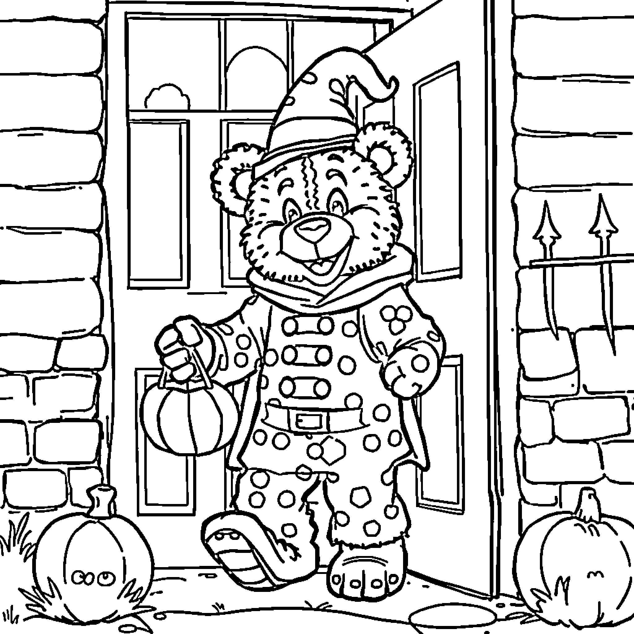 Freddy Fazbear dressed in a festive costume on Halloween Coloring Page (free black-and-white line drawing printable PDF for all, from beginners to advanced learners, including children, teens, adults, and seniors)