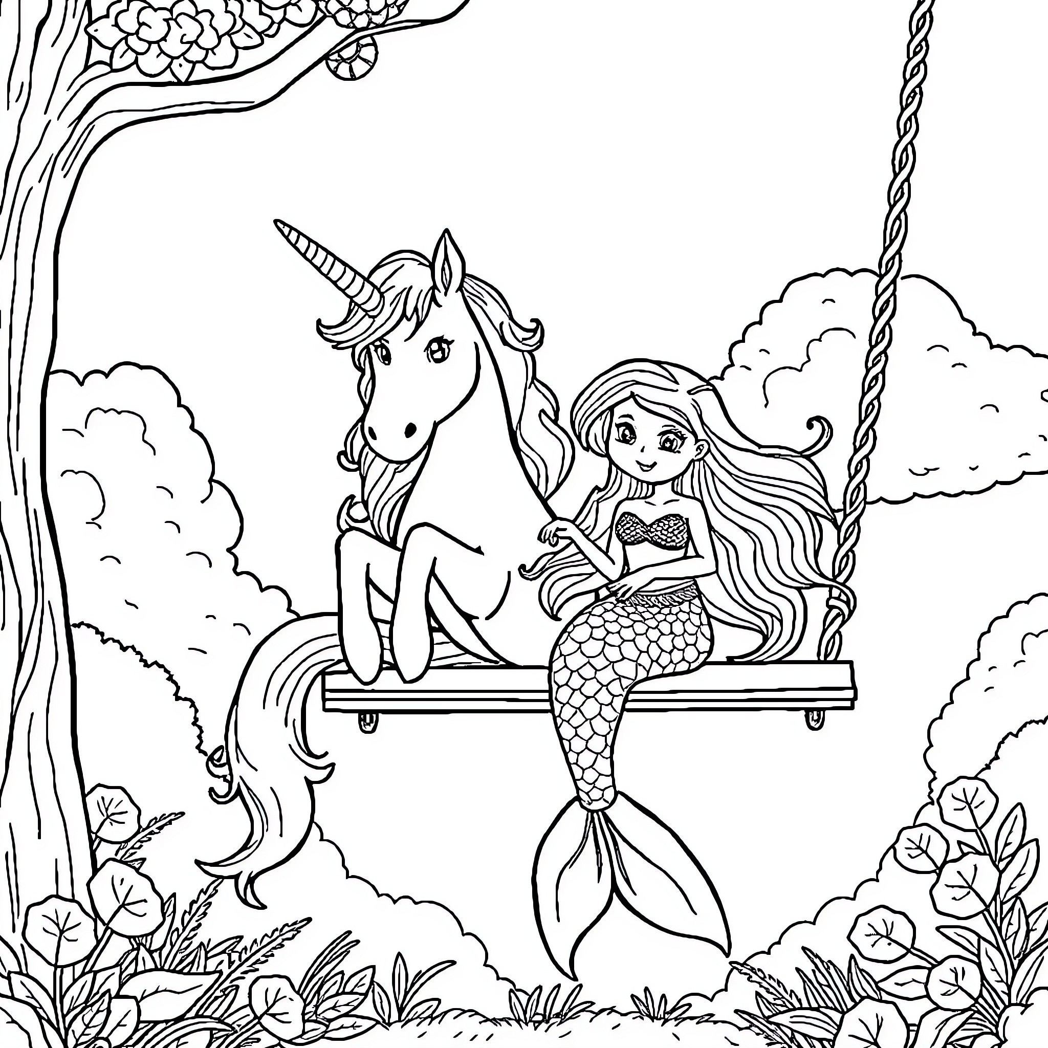 Unicorn and mermaid relaxing on a swing in nature Coloring Page (free black-and-white line drawing printable PDF for all, from beginners to advanced learners, including children, teens, adults, and seniors)