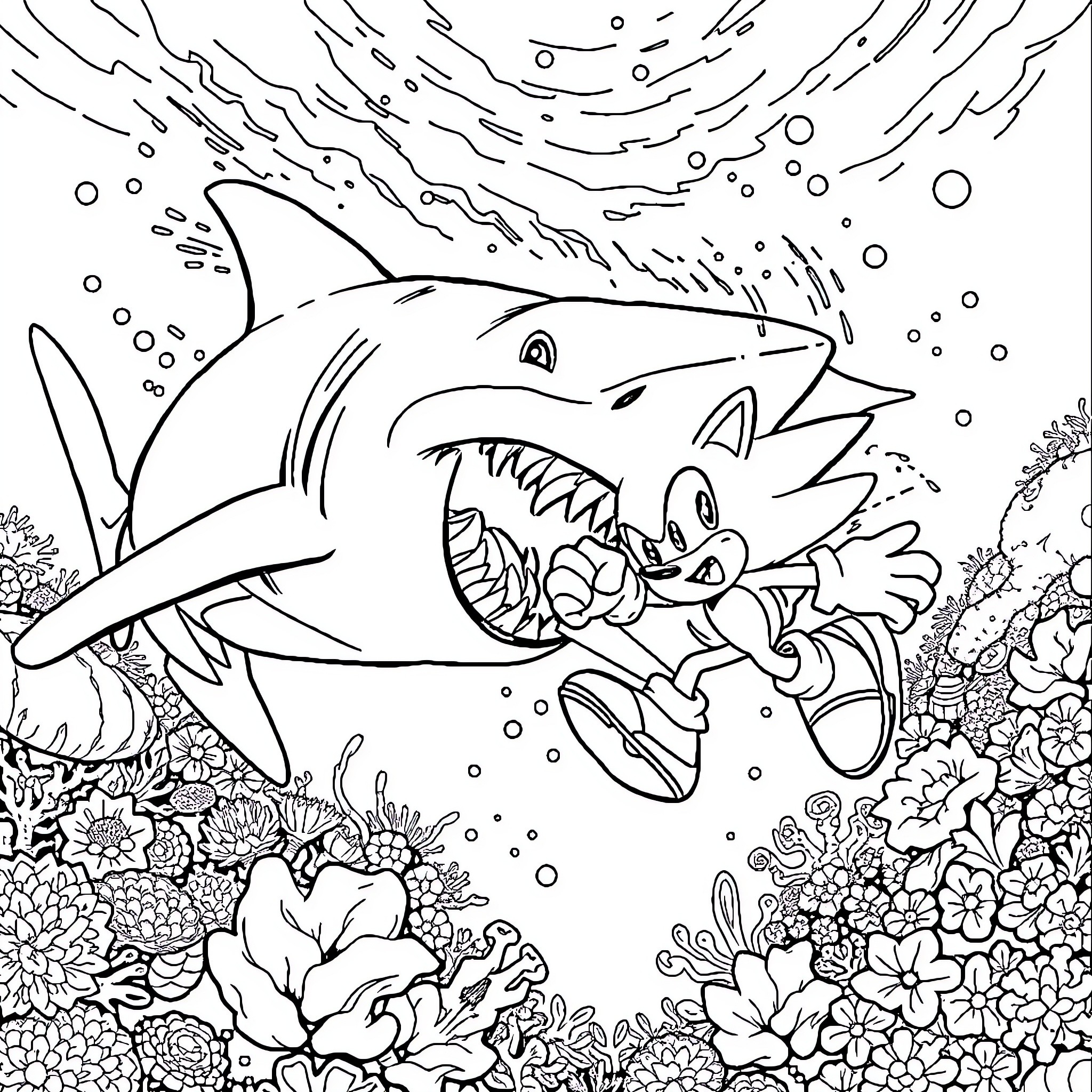 Shark hunting in the vibrant underwater garden Coloring Page (free black-and-white line drawing printable PDF for all, from beginners to advanced learners, including children, teens, adults, and seniors)