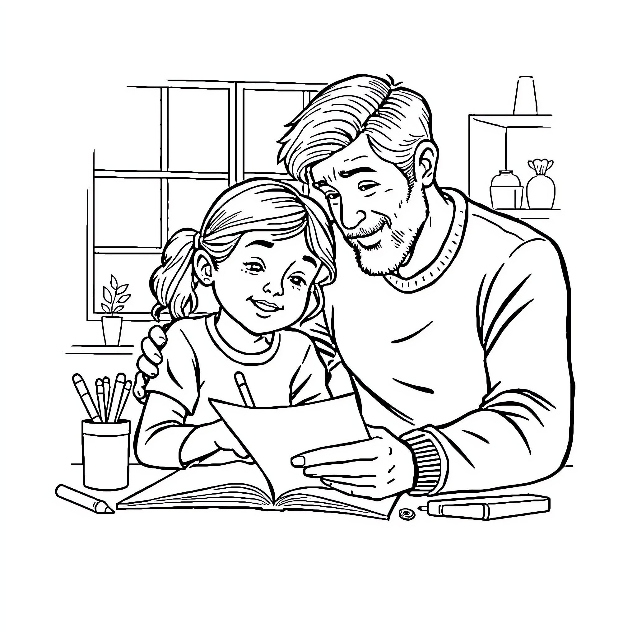 Father and Daughter Studying Together at Home Coloring Page (free black-and-white line drawing printable PDF for all, from beginners to advanced learners, including children, teens, adults, and seniors)