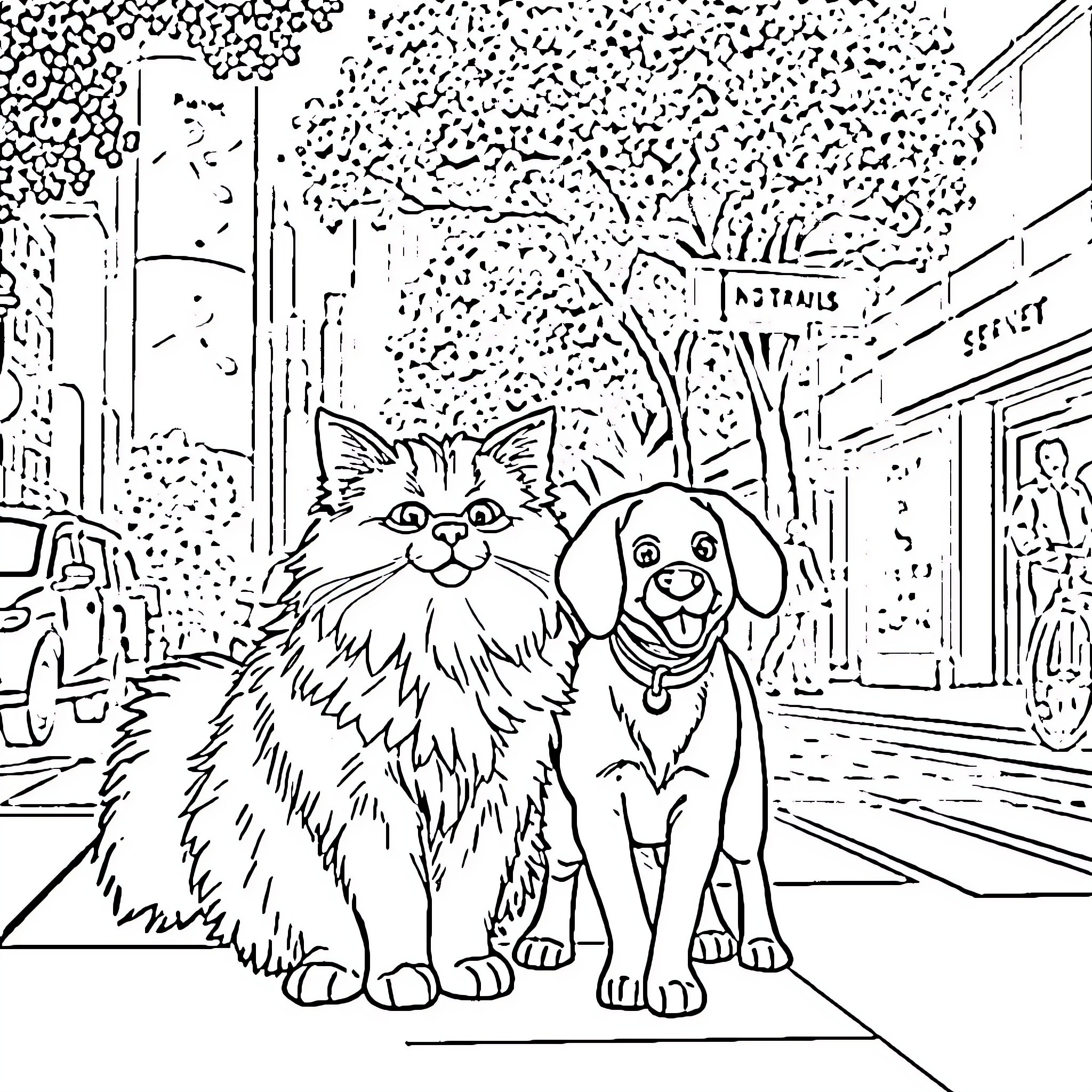 Cat and dog exploring the city street Coloring Page (free black-and-white line drawing printable PDF for all, from beginners to advanced learners, including children, teens, adults, and seniors)