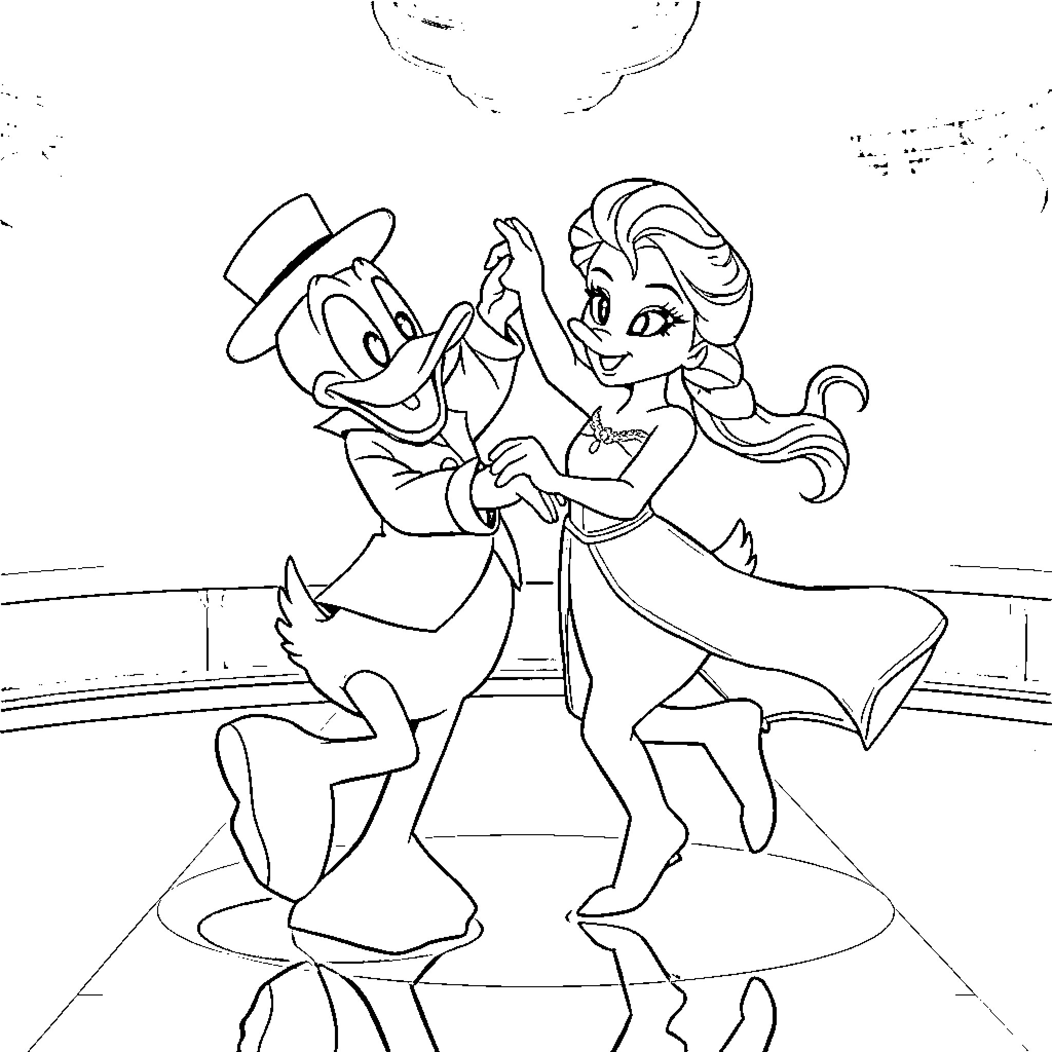Donald Duck dancing with a female character Coloring Page (free black-and-white line drawing printable PDF for all, from beginners to advanced learners, including children, teens, adults, and seniors)