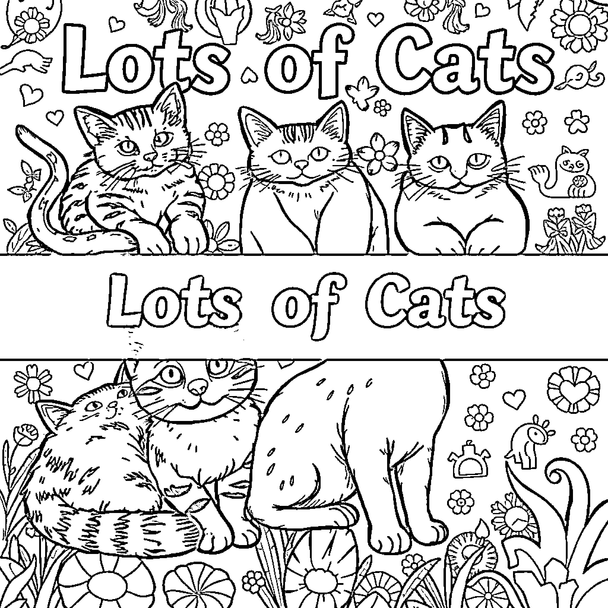 Cat Coloring Book with Lots of Cats Coloring Page (free black-and-white line drawing printable PDF for all, from beginners to advanced learners, including children, teens, adults, and seniors)