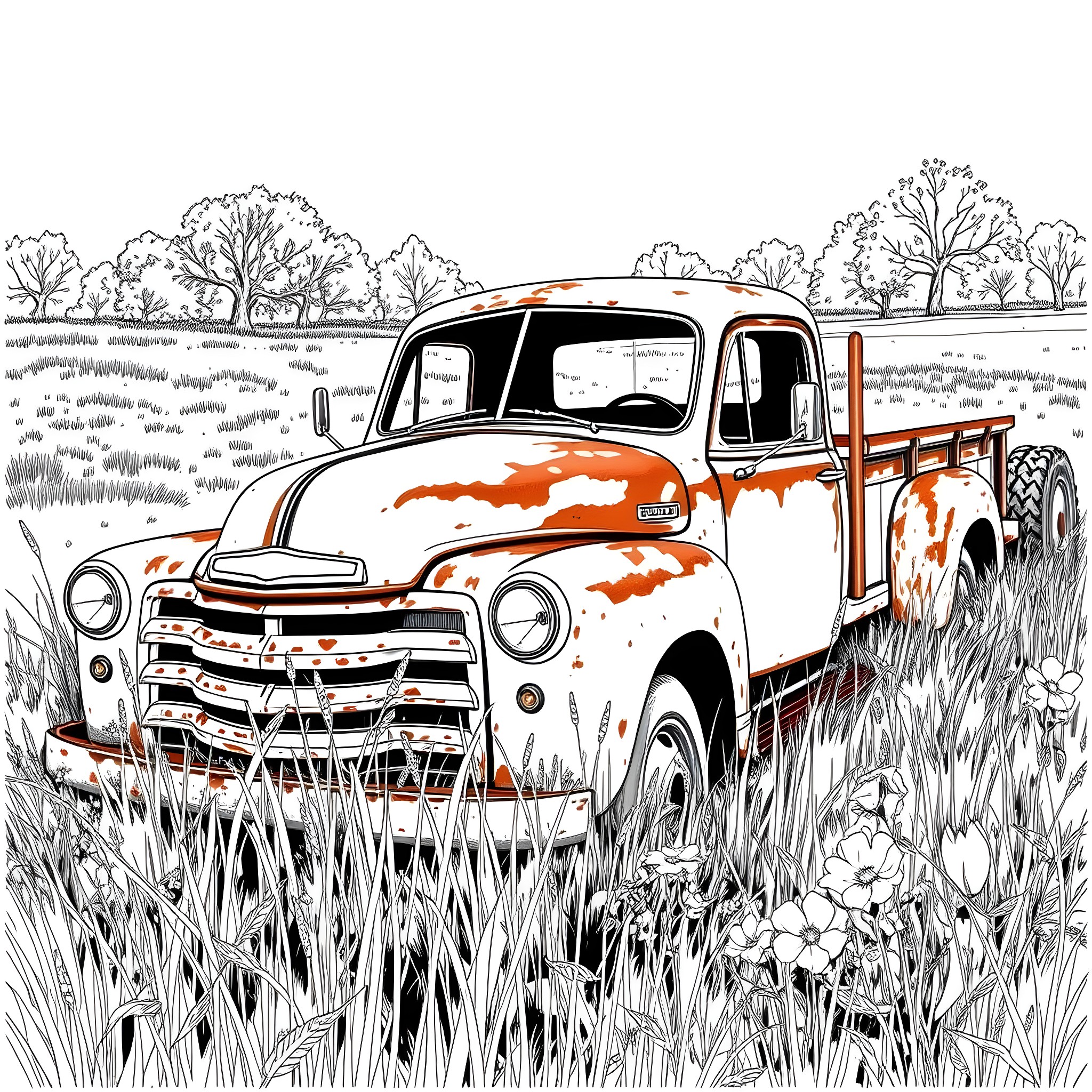 Truck Abandoned in Overgrown Field Coloring Page (free black-and-white line drawing printable PDF for all, from beginners to advanced learners, including children, teens, adults, and seniors)