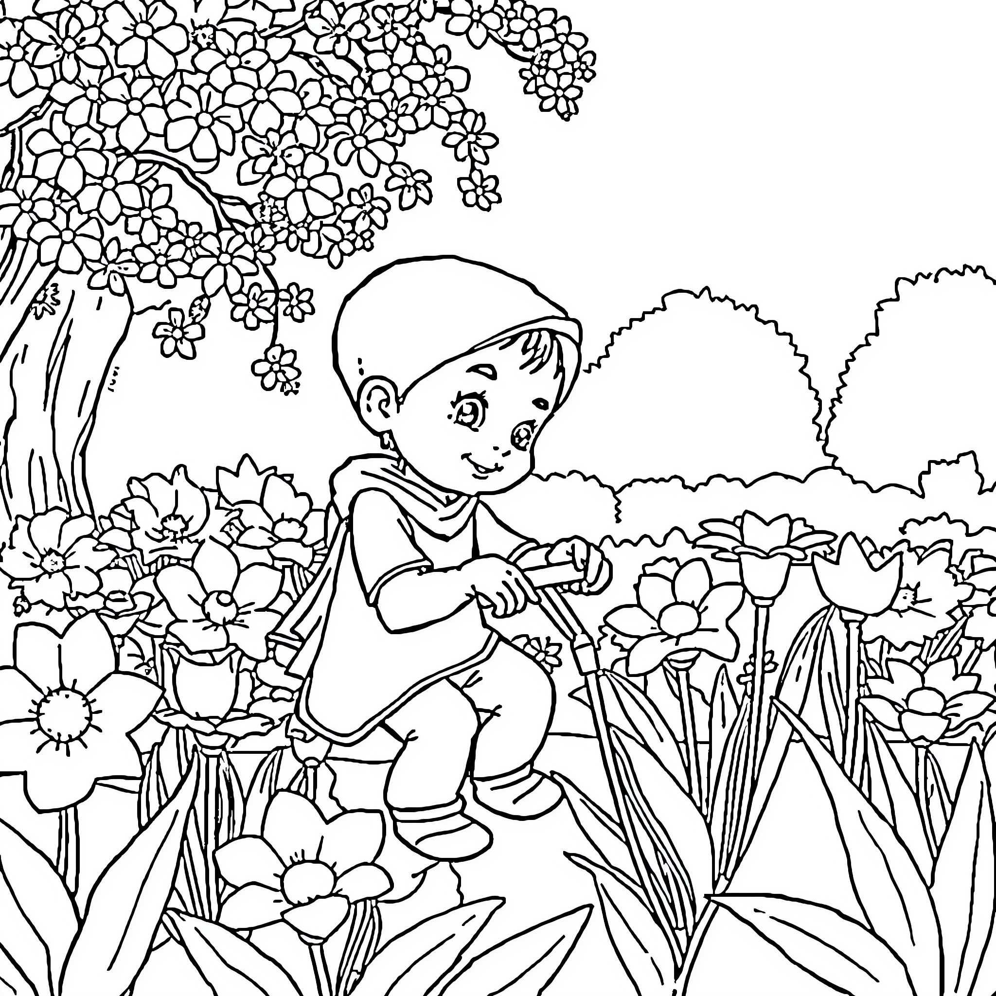 Princess playing happily in the flower garden Coloring Page (free black-and-white line drawing printable PDF for all, from beginners to advanced learners, including children, teens, adults, and seniors)