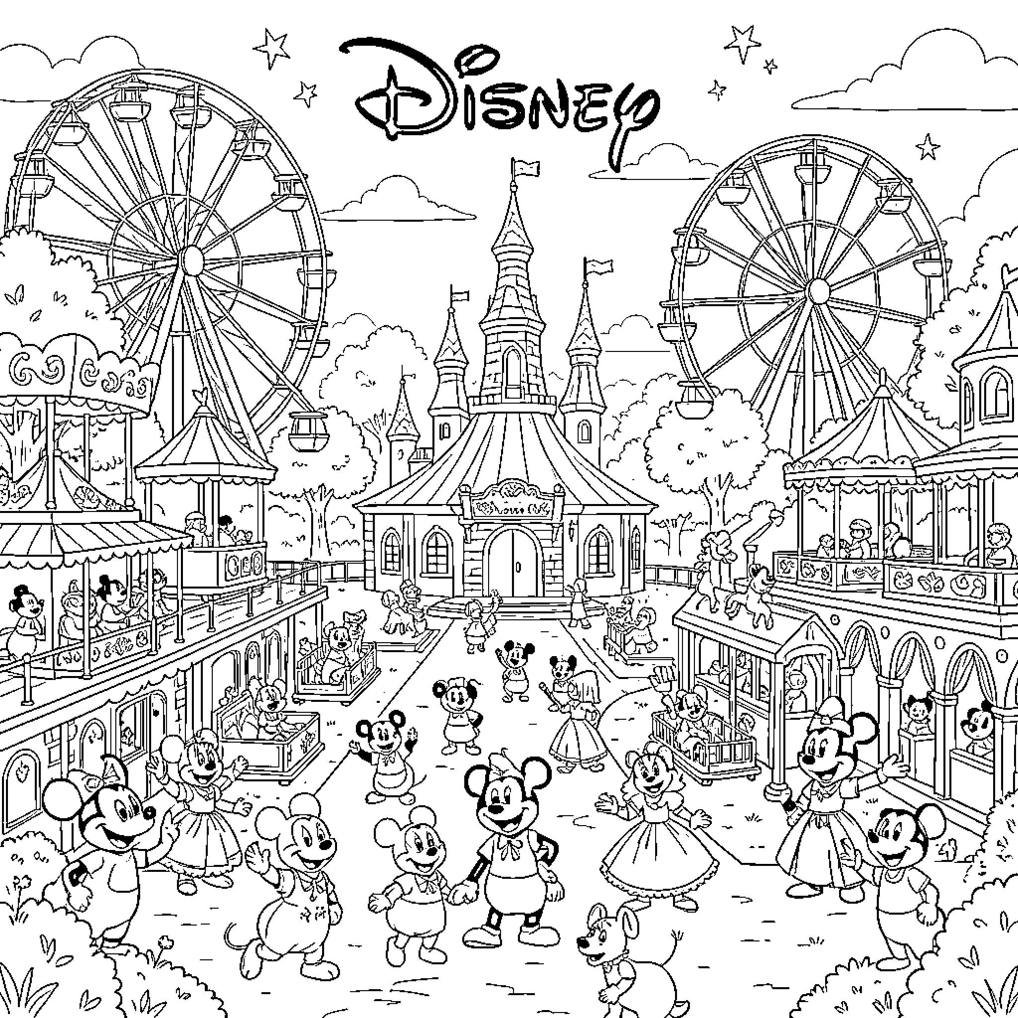 Disney Characters Enjoying Amusement Park Adventure Coloring Page (free black-and-white line drawing printable PDF for all, from beginners to advanced learners, including children, teens, adults, and seniors)