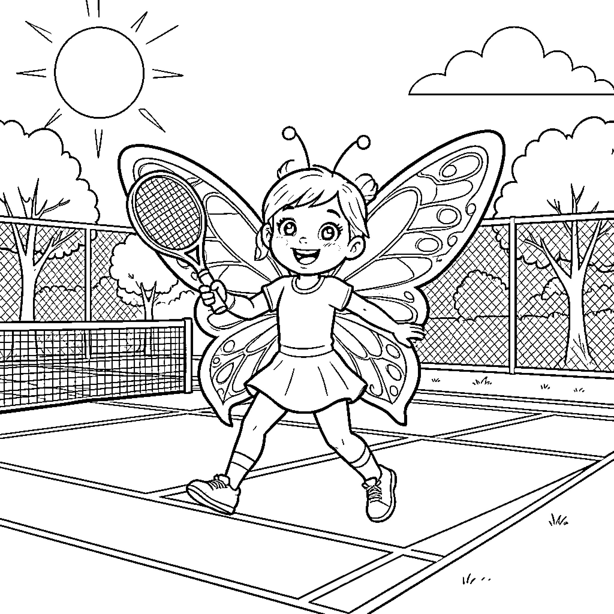 Mariposa playing tennis on the court Coloring Page (free black-and-white line drawing printable PDF for all, from beginners to advanced learners, including children, teens, adults, and seniors)