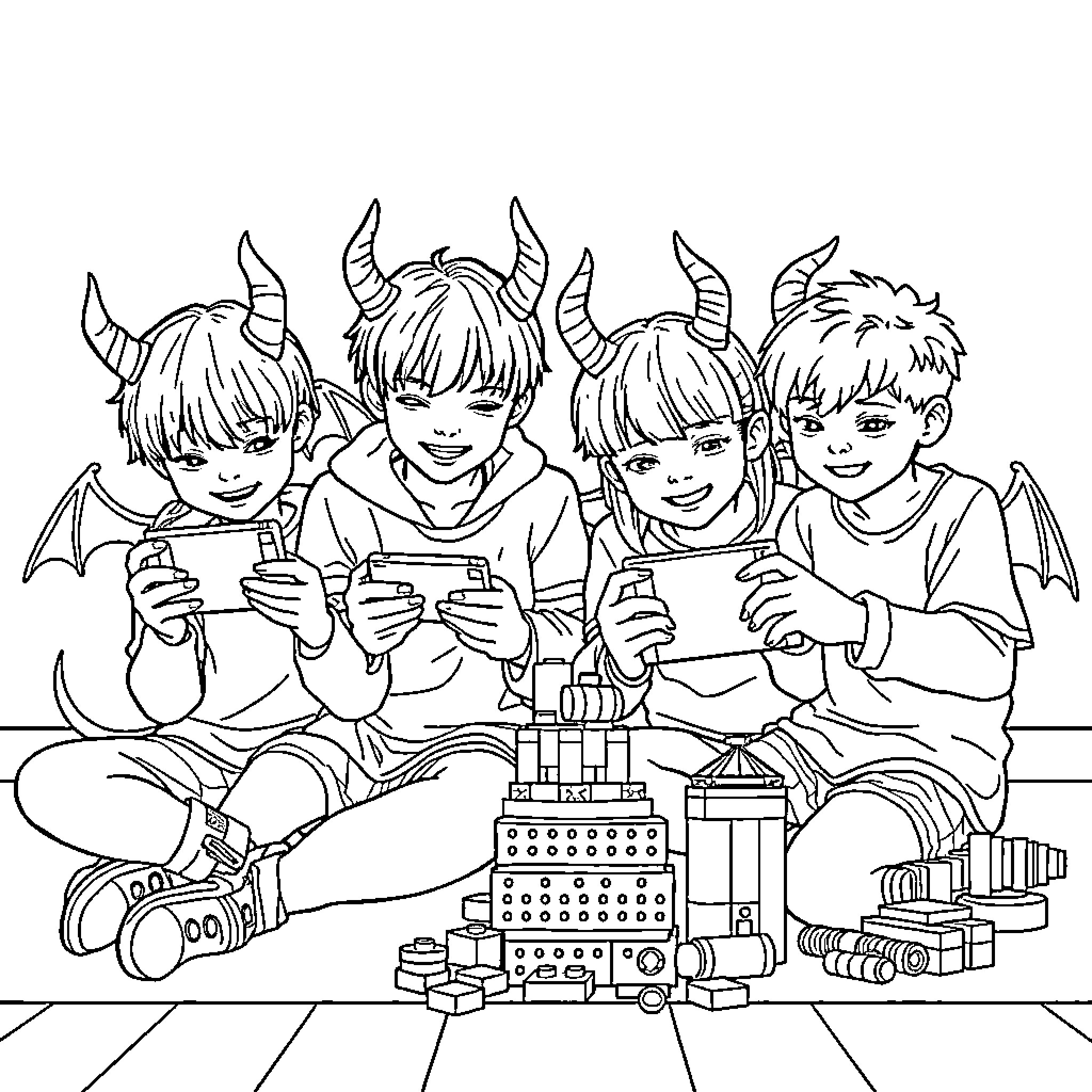 Demon Hunter Children Play with Toys Together Coloring Page (free black-and-white line drawing printable PDF for all, from beginners to advanced learners, including children, teens, adults, and seniors)