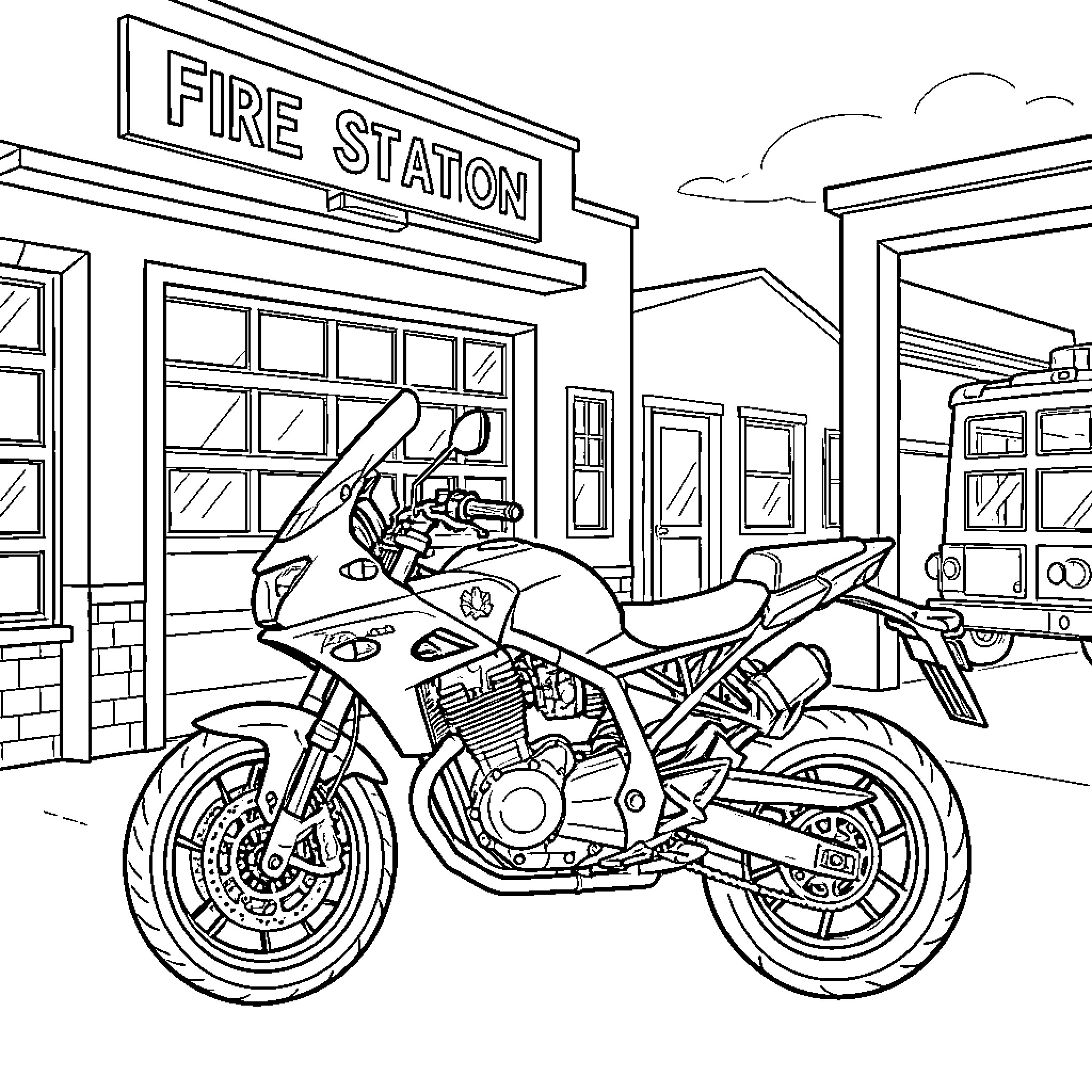 Firefighter motorcycle parked in front of a fire station Coloring Page (free black-and-white line drawing printable PDF for all, from beginners to advanced learners, including children, teens, adults, and seniors)