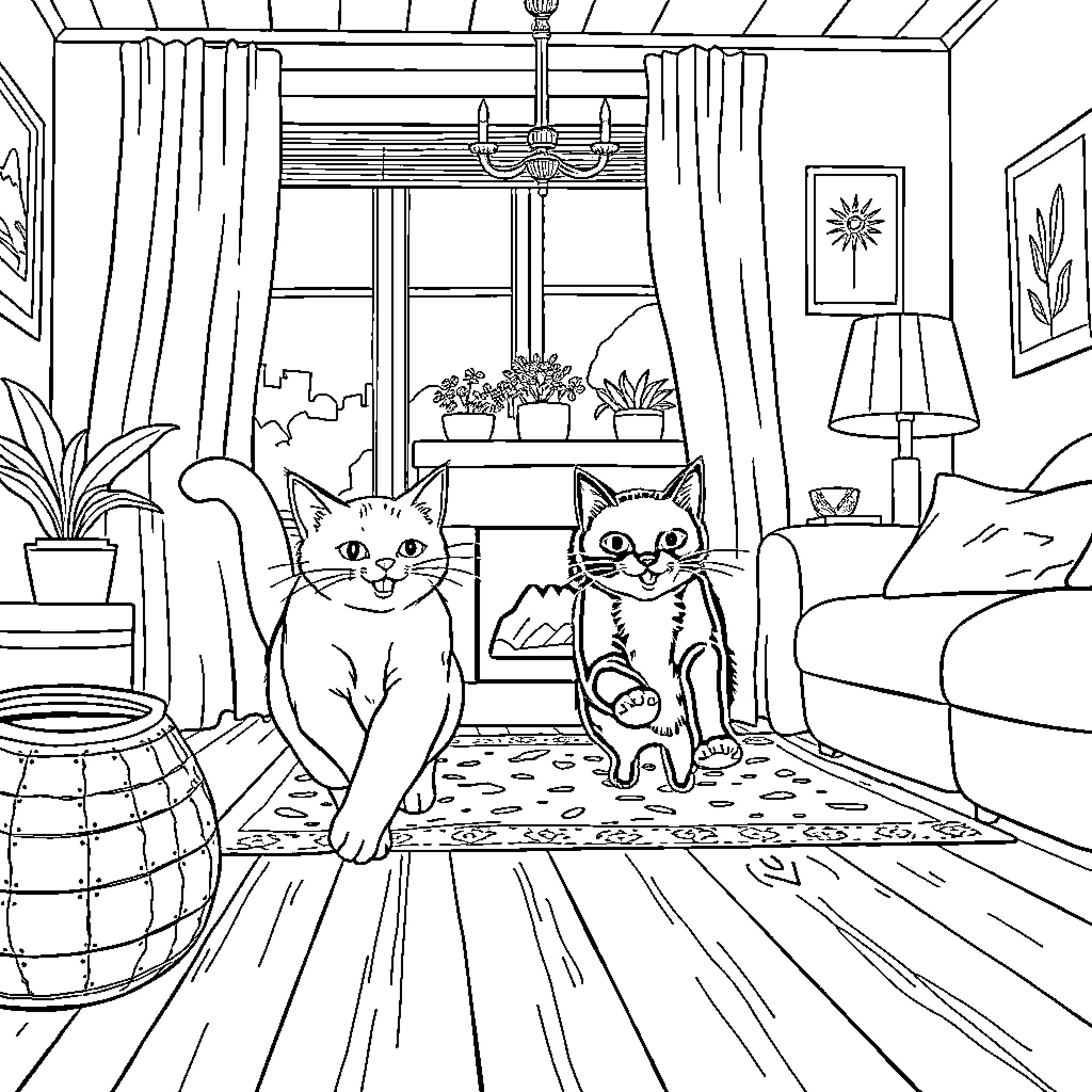 Cats Lounging in Cozy Home Interior Coloring Page (free black-and-white line drawing printable PDF for all, from beginners to advanced learners, including children, teens, adults, and seniors)