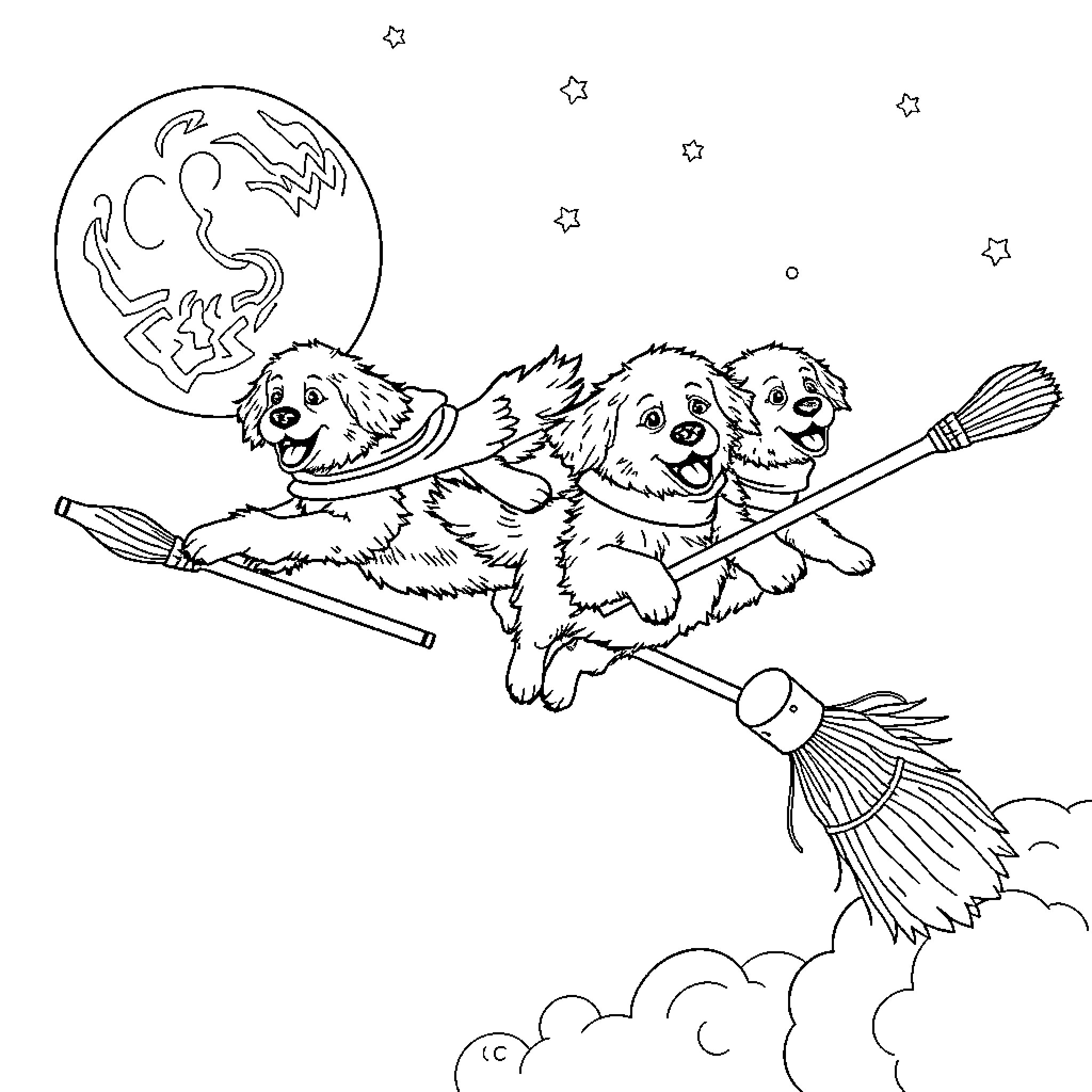 Golden Retrievers riding broomsticks under the starry night Coloring Page (free black-and-white line drawing printable PDF for all, from beginners to advanced learners, including children, teens, adults, and seniors)