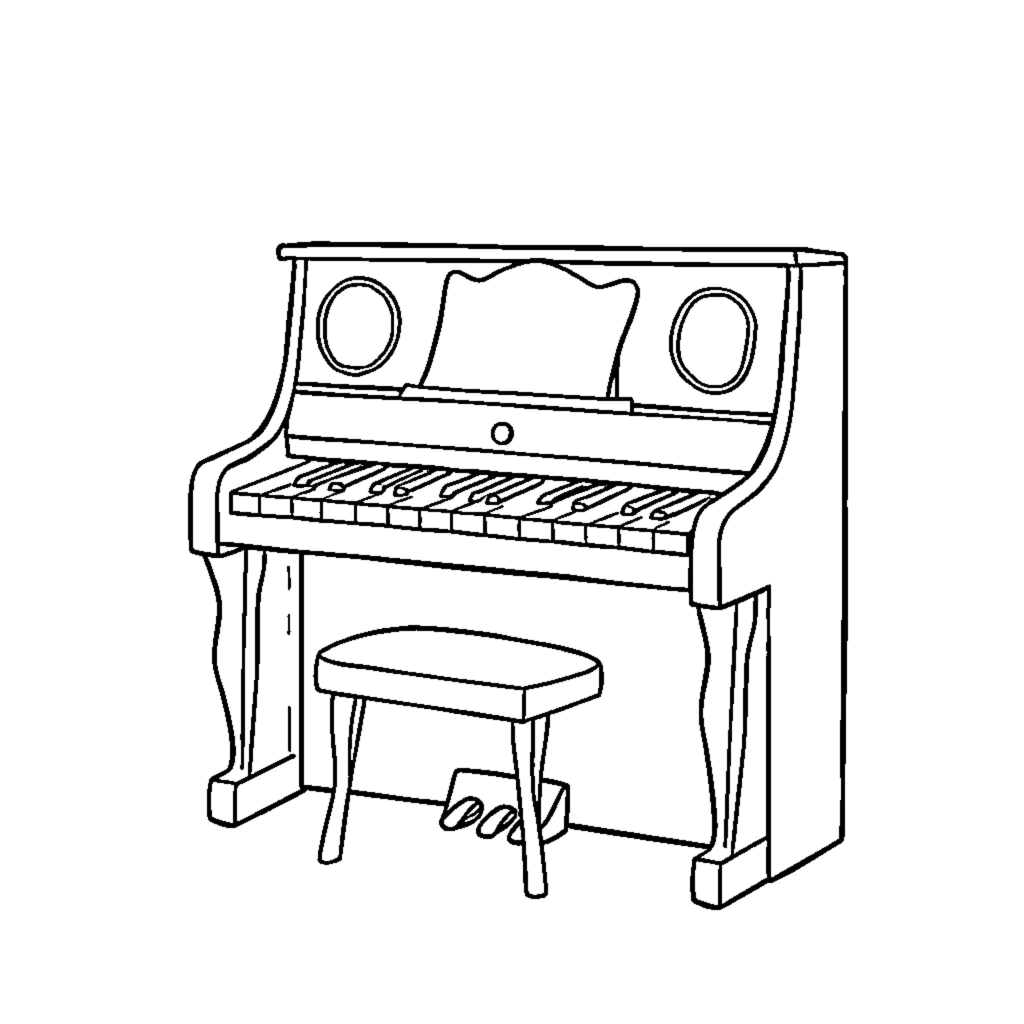 Piano with bench in simple sketch Coloring Page (free black-and-white line drawing printable PDF for all, from beginners to advanced learners, including children, teens, adults, and seniors)
