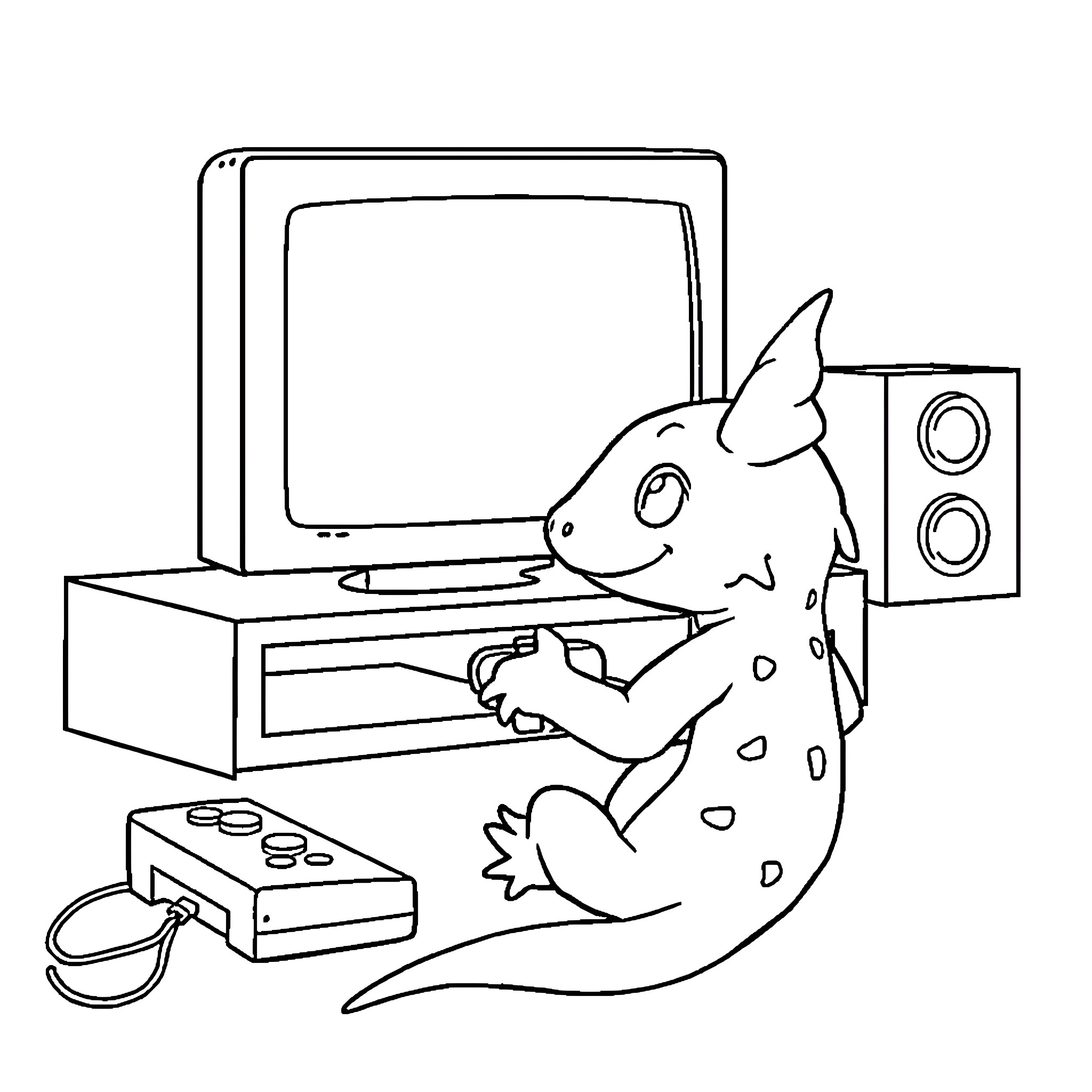 Axolotl playing video games at home Coloring Page (free black-and-white line drawing printable PDF for all, from beginners to advanced learners, including children, teens, adults, and seniors)