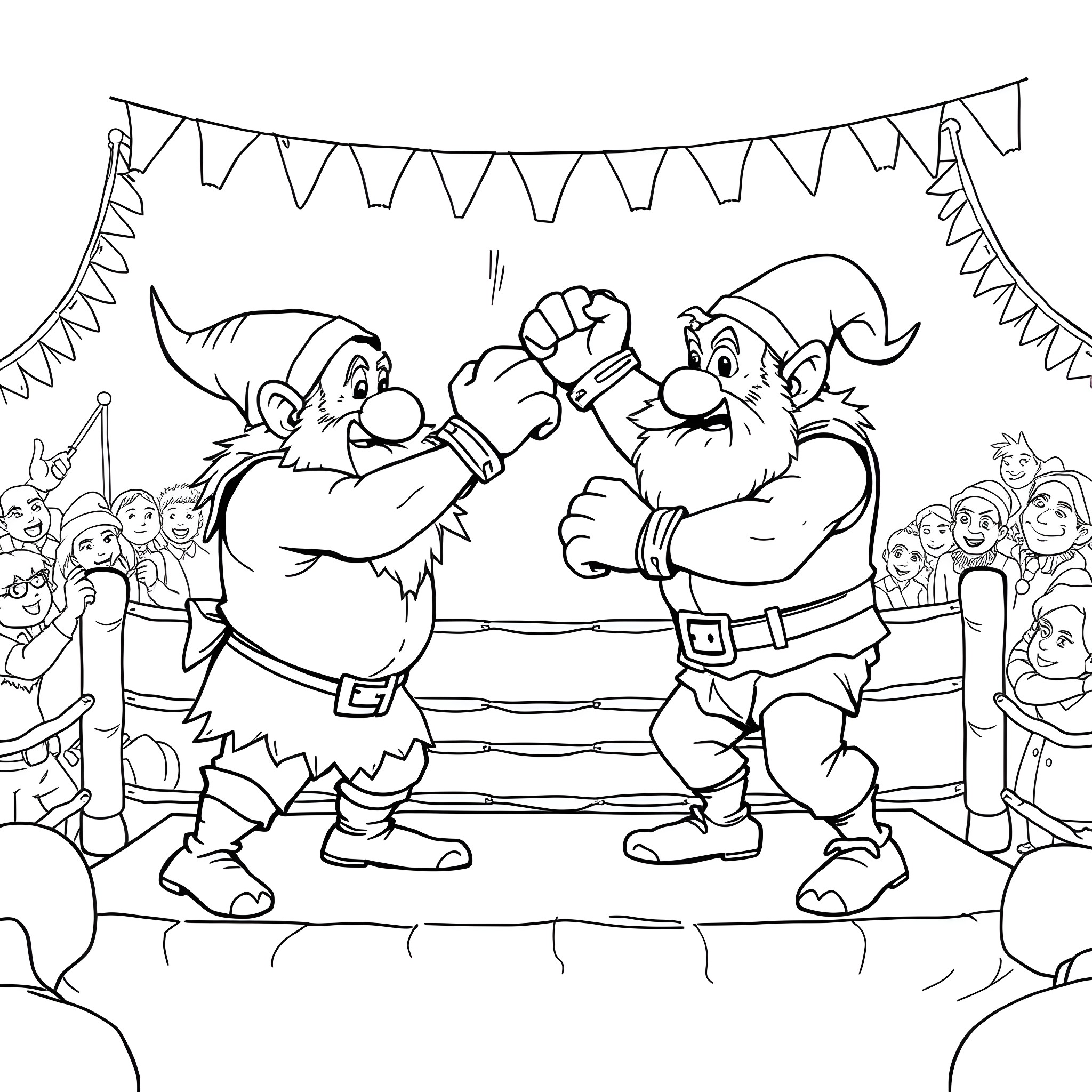 Dwarves engaging in a festive wrestling match Coloring Page (free black-and-white line drawing printable PDF for all, from beginners to advanced learners, including children, teens, adults, and seniors)