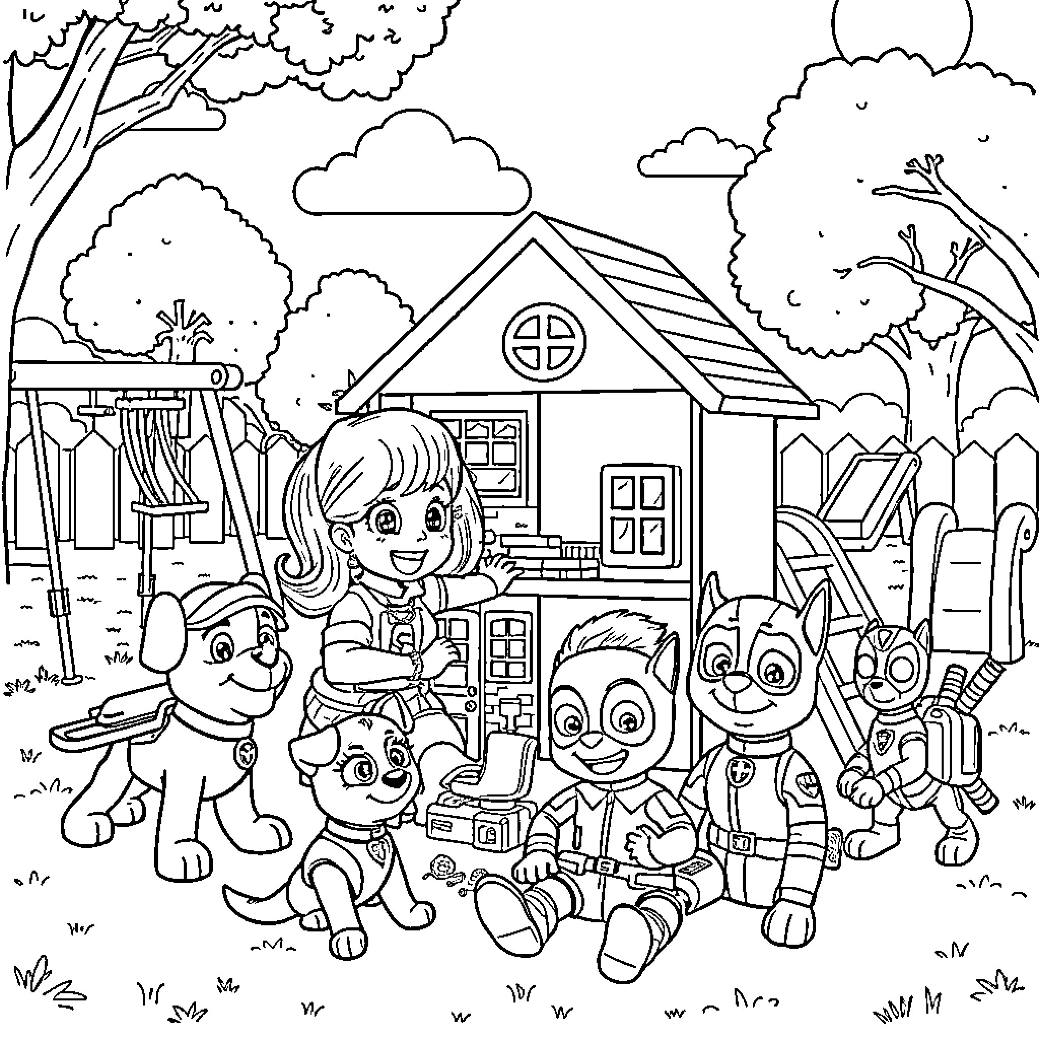 Gabby Dollhouse characters playing and exploring outdoors Coloring Page (free black-and-white line drawing printable PDF for all, from beginners to advanced learners, including children, teens, adults, and seniors)