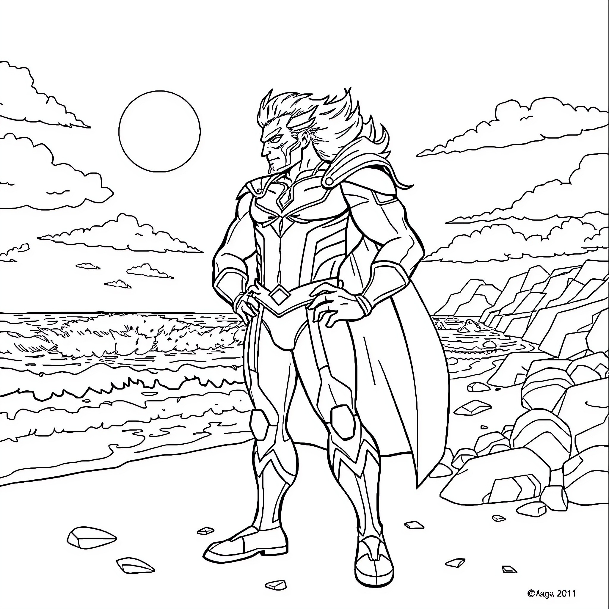 All Might, the Heroic Symbol, Stands Tall in the Coastal Landscape Coloring Page (free black-and-white line drawing printable PDF for all, from beginners to advanced learners, including children, teens, adults, and seniors)