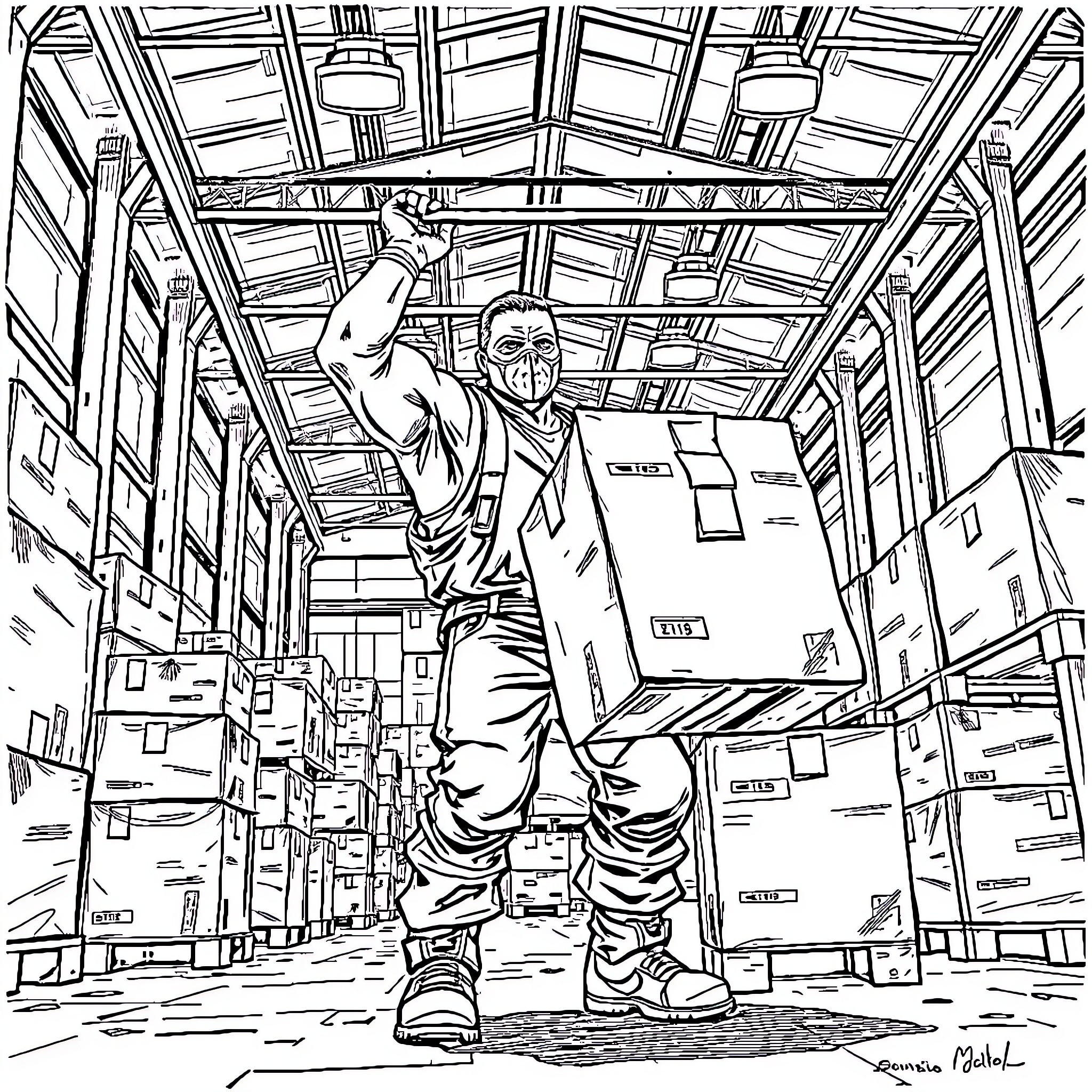 Wrestler Loading Heavy Boxes in Warehouse Coloring Page (free black-and-white line drawing printable PDF for all, from beginners to advanced learners, including children, teens, adults, and seniors)