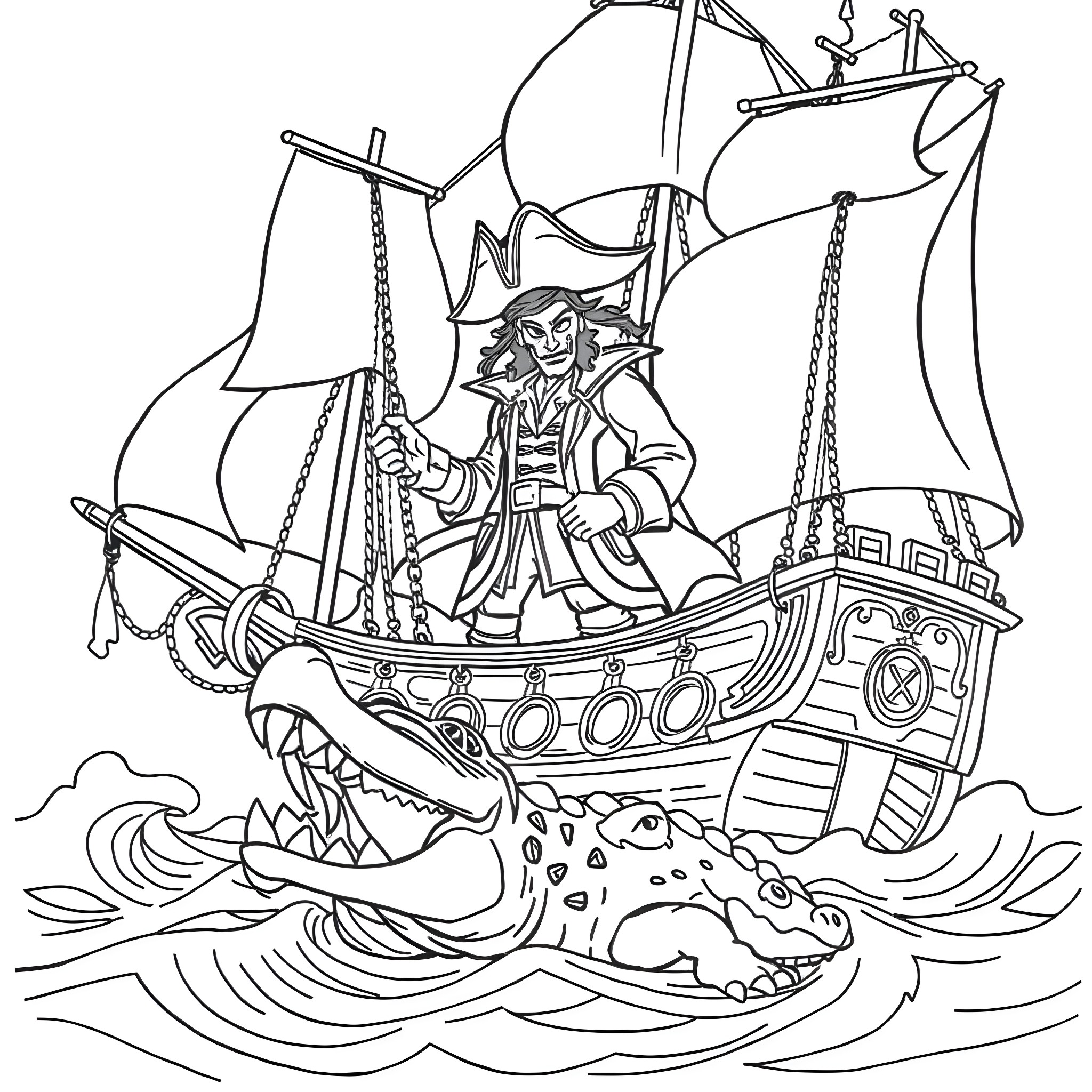 Captain Hook's Perilous Voyage on the High Seas Coloring Page (free black-and-white line drawing printable PDF for all, from beginners to advanced learners, including children, teens, adults, and seniors)