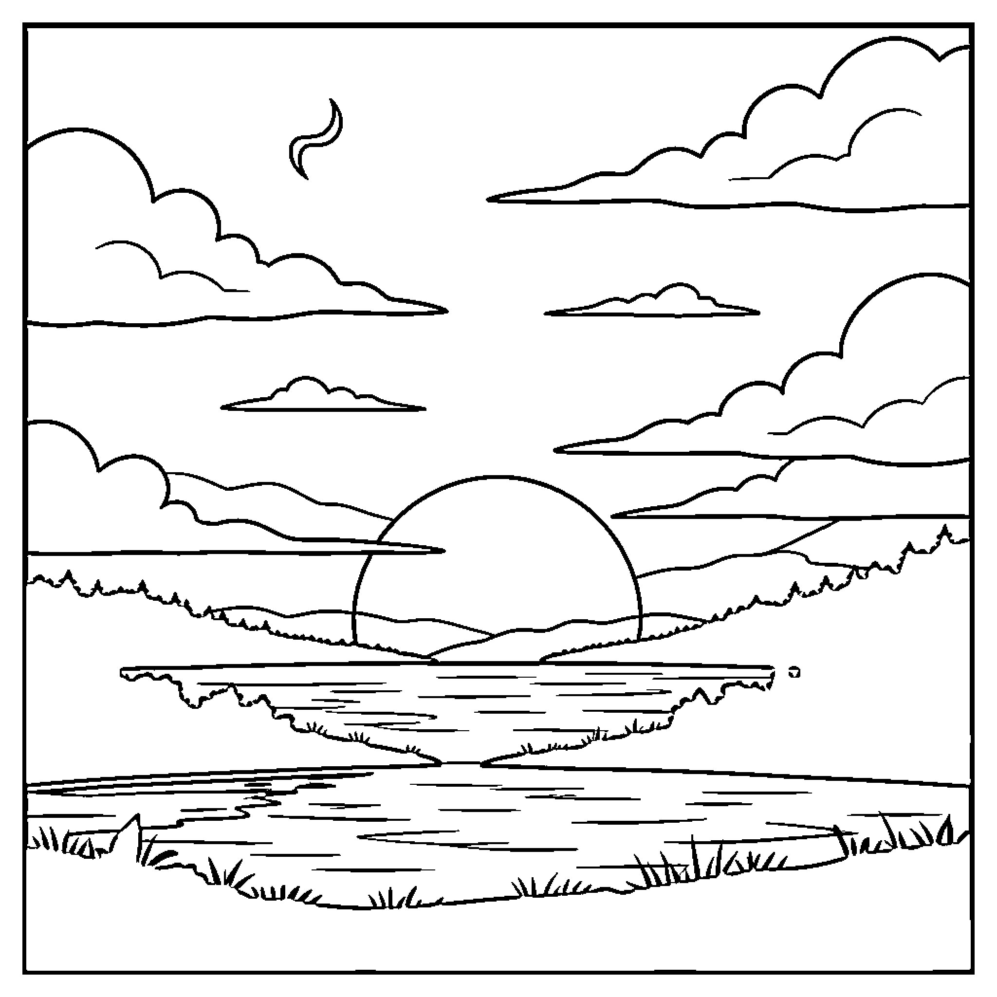 Evening sun setting slowly over a calm river landscape Coloring Page (free black-and-white line drawing printable PDF for all, from beginners to advanced learners, including children, teens, adults, and seniors)