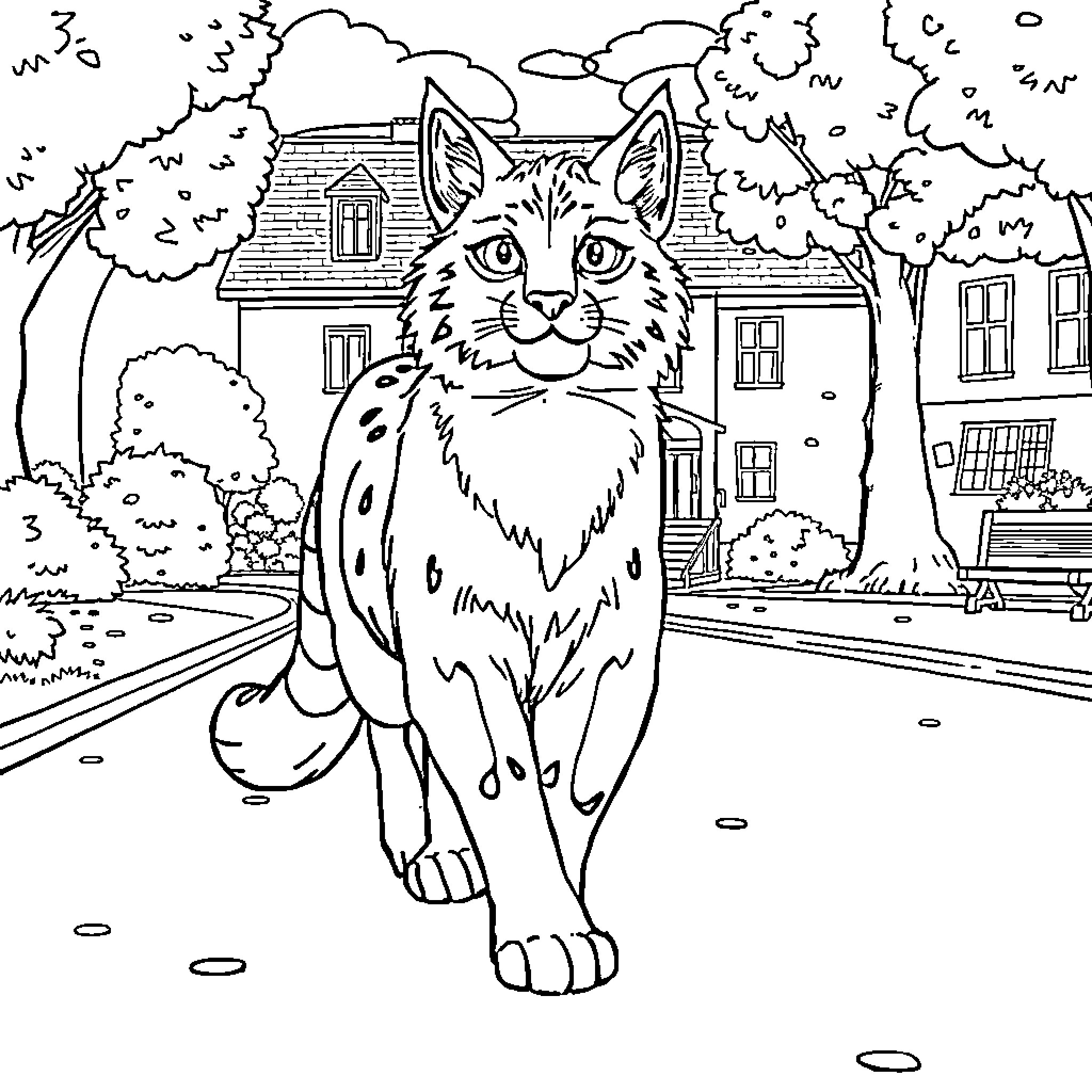 Lycaon guarding a cozy suburban home Coloring Page (free black-and-white line drawing printable PDF for all, from beginners to advanced learners, including children, teens, adults, and seniors)